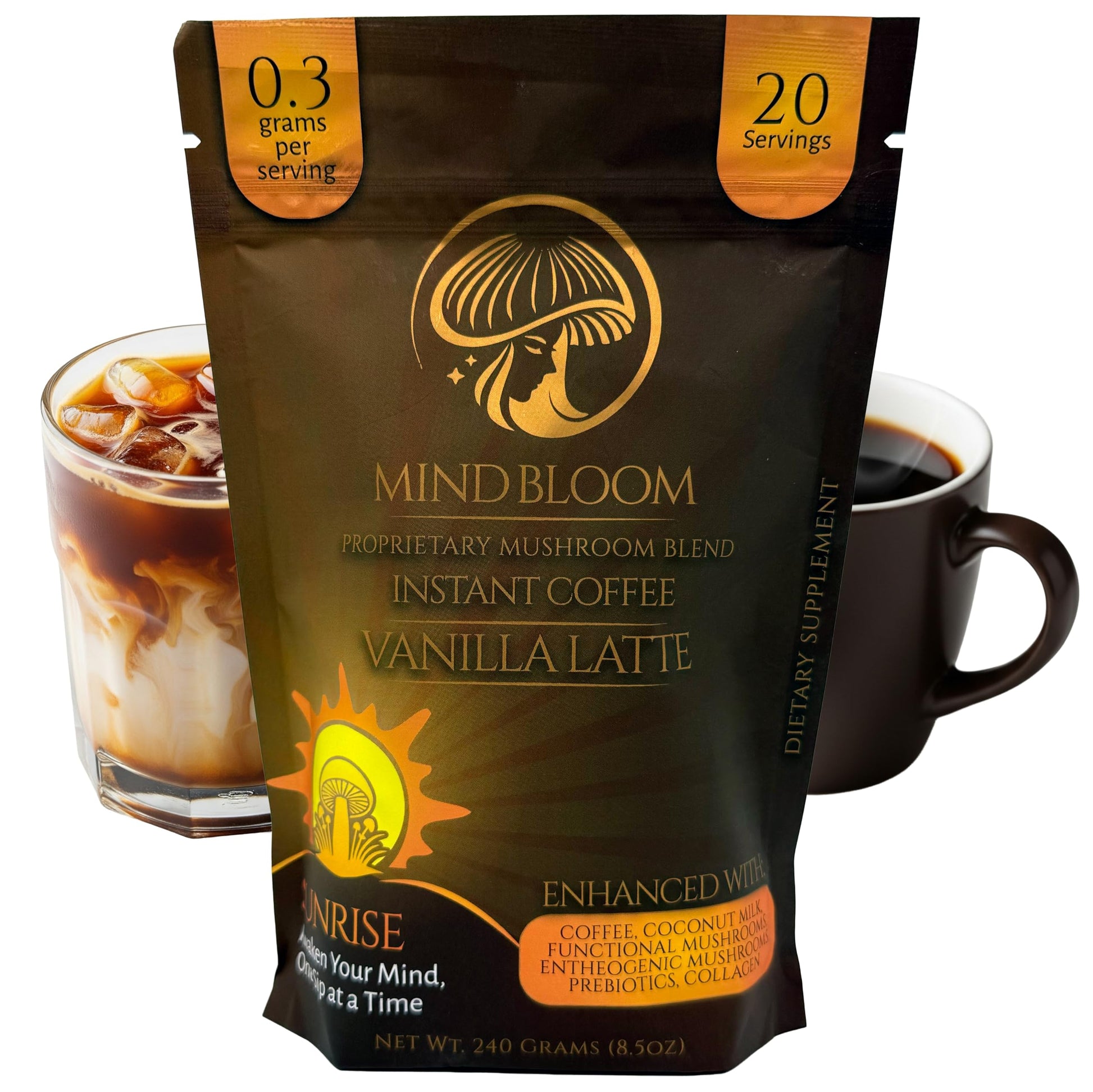Mind Bloom Sunrise Vanilla Latte Instant Coffee - Proprietary Mushroom Blend Powder 8.5 oz