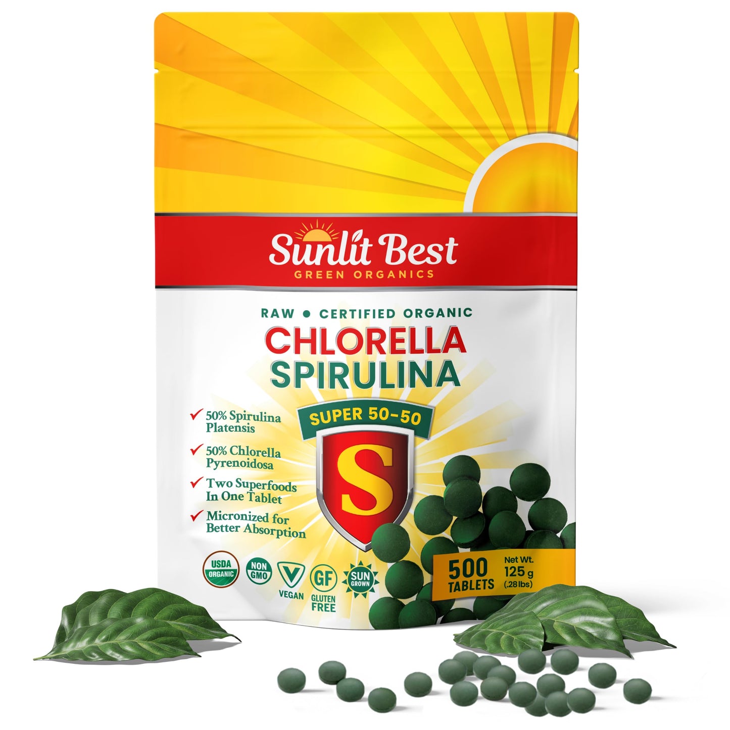 Sunlit Best Green Organics Sunlit Super 50/50 Organic Chlorella Spirulina Tablets, 500 Tablets