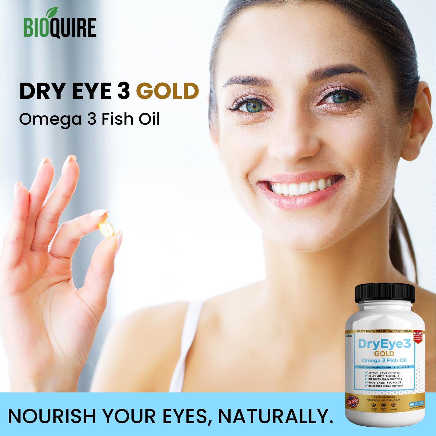 BIOQUIRE Dry Eye 3 Gold Omega-3 Fish Oil Capsules, Extra Strength, 180 Capsules