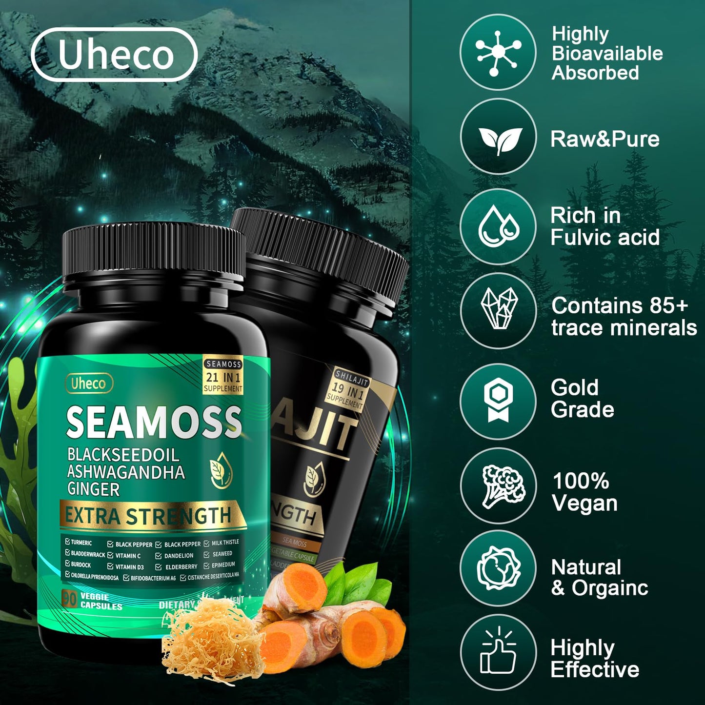 Uheco Shilajit and Sea Moss Vitality Capsule, 90 Count