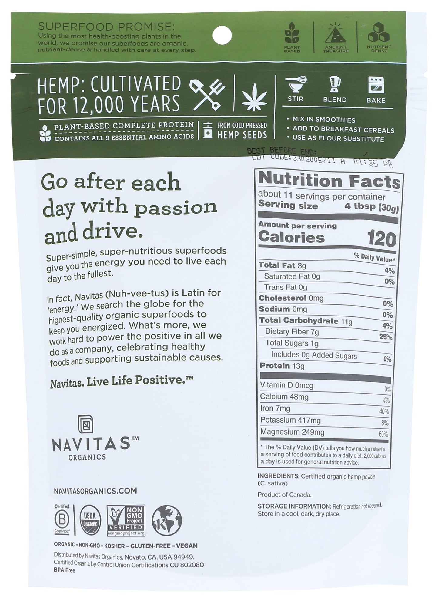 Navitas Organics Hemp Protein Powder, Organic, 12 Ounce