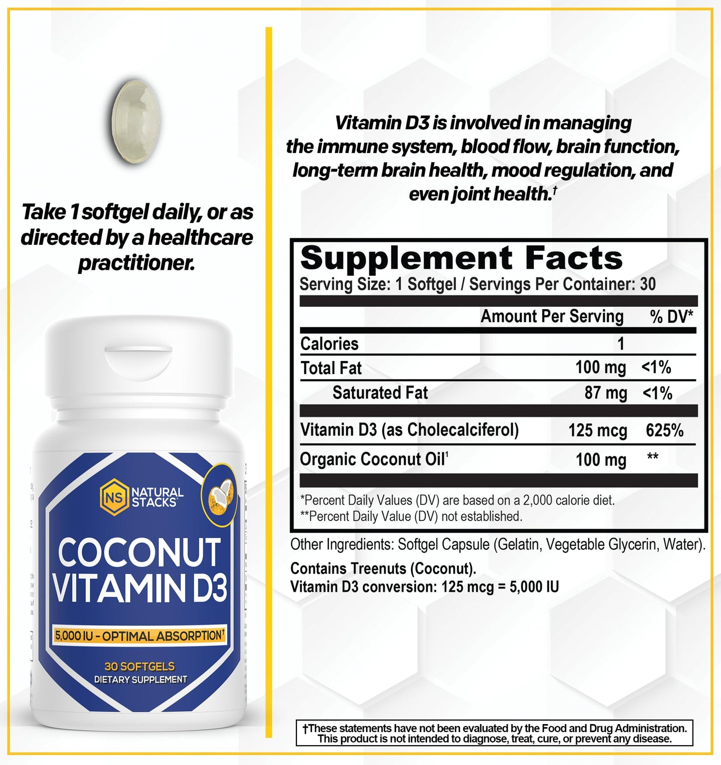 Natural Stacks Vitamin D3 5000 IU with Coconut Oil for Optimal Absorption, Capsules, 30 Count