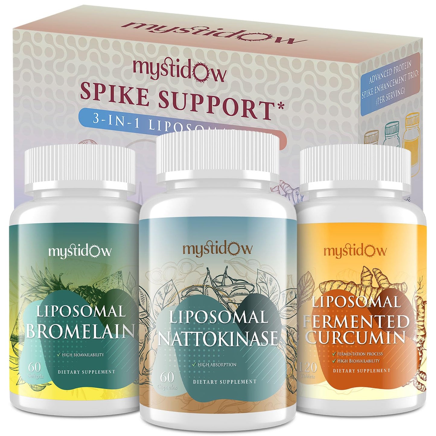 Mystidow Spike Support Trio Liposomal Nattokinase 8000 FU, Bromelain 1150 mg & Fermented Curcumin 1800 mg Capsules, 240 Count