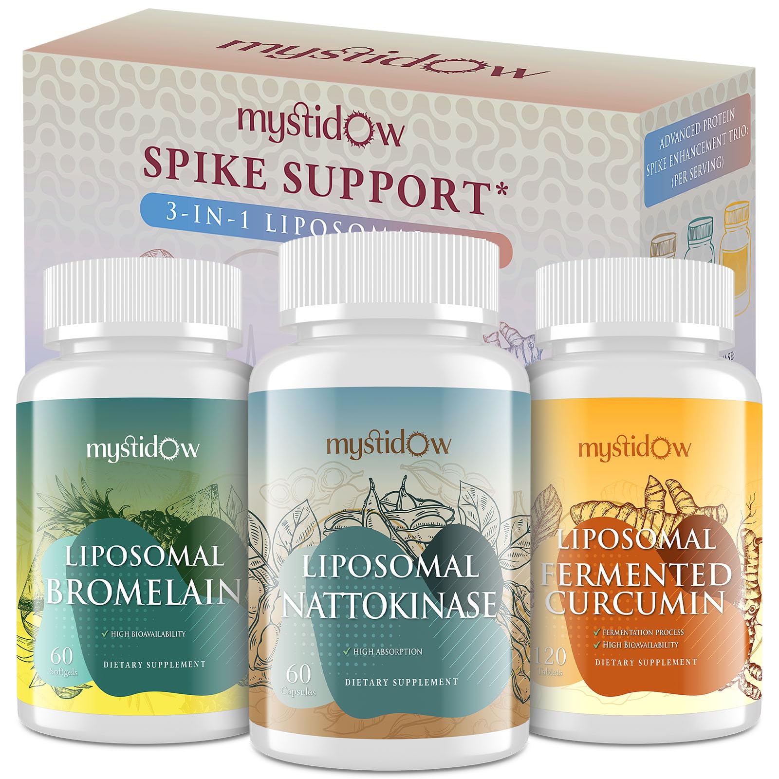 Mystidow Spike Support Trio Liposomal Nattokinase 8000 FU, Bromelain 1150 mg & Fermented Curcumin 1800 mg Capsules, 240 Count