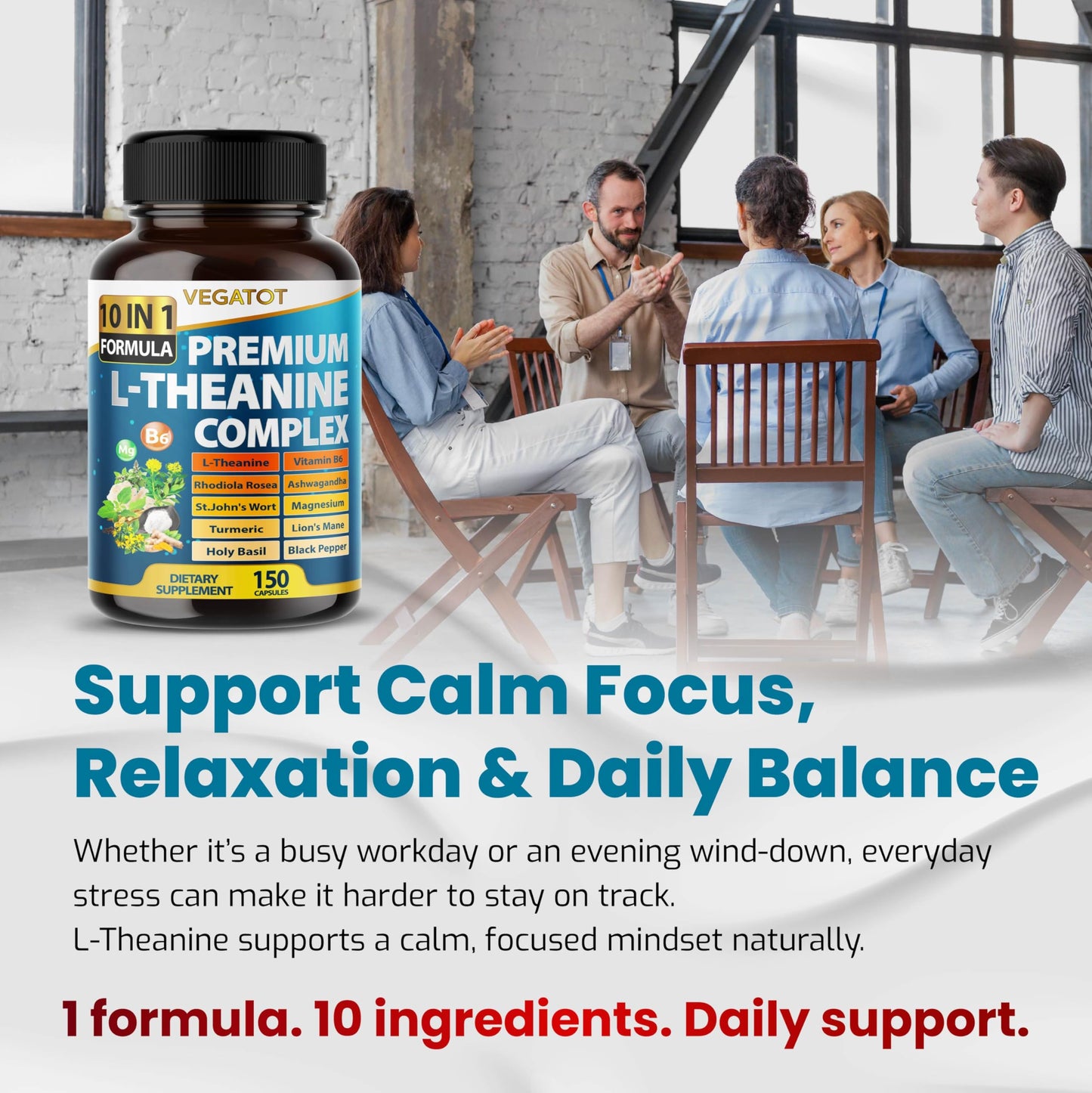 VEGATOT Ultra Organic L-Theanine Complex 10-in-1 Formula with Vitamin B6, Magnesium, Rhodiola, Ashwagandha, Turmeric & Holy Basil – Supports Calm Mood, Relaxation & Focus, 150 Capsules