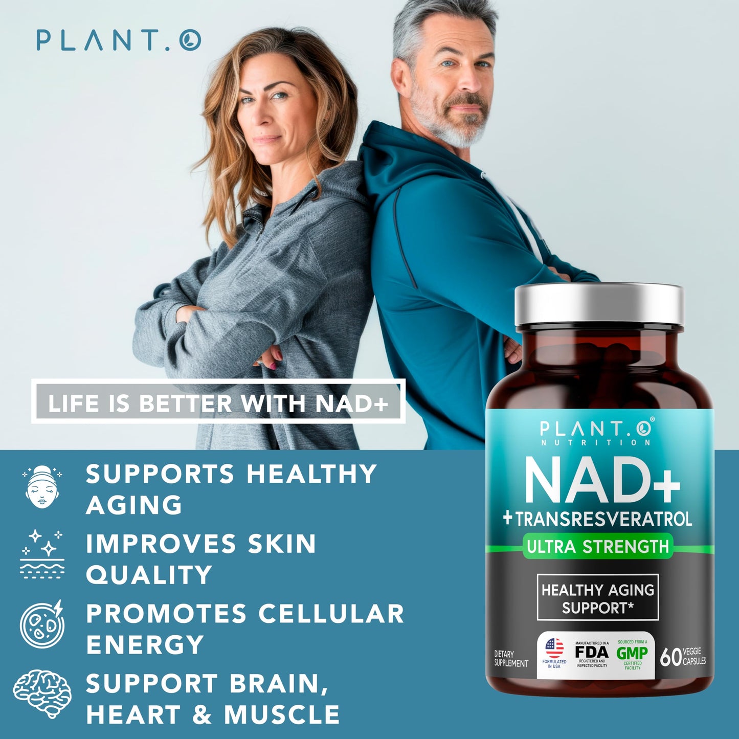 PLANT.O NUTRITION NAD Supplement High Purity NAD Plus with Resveratrol NMN and Nicotinamide Riboside Alternative 60 Capsules