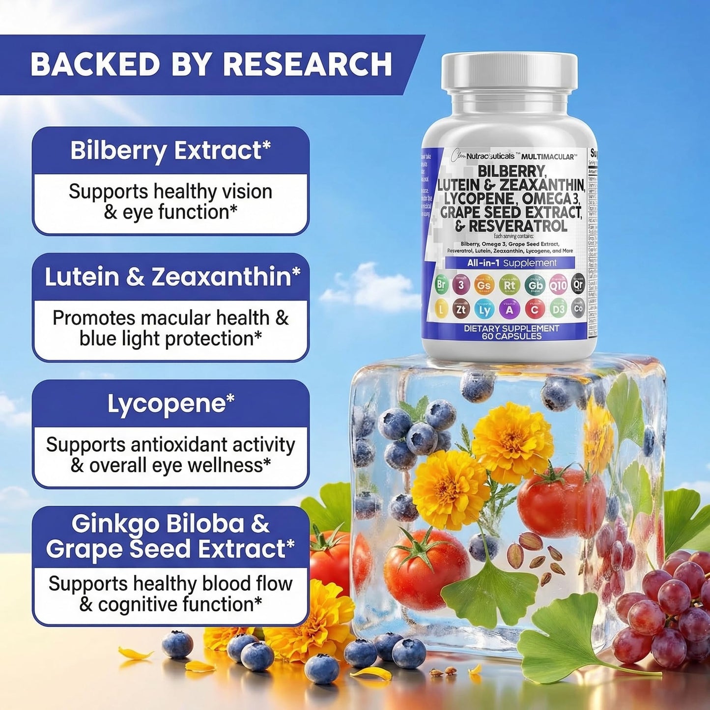 Clean Nutraceuticals Eye Vitamins with Bilberry, Lutein & Zeaxanthin Capsules, 60 Count