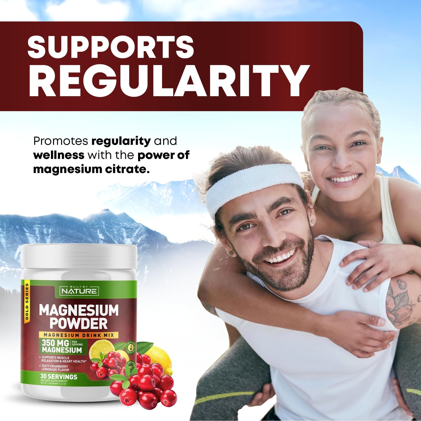 Built by Nature Magnesium Citrate Powder Cranberry Lemonade 4.44 Ounces