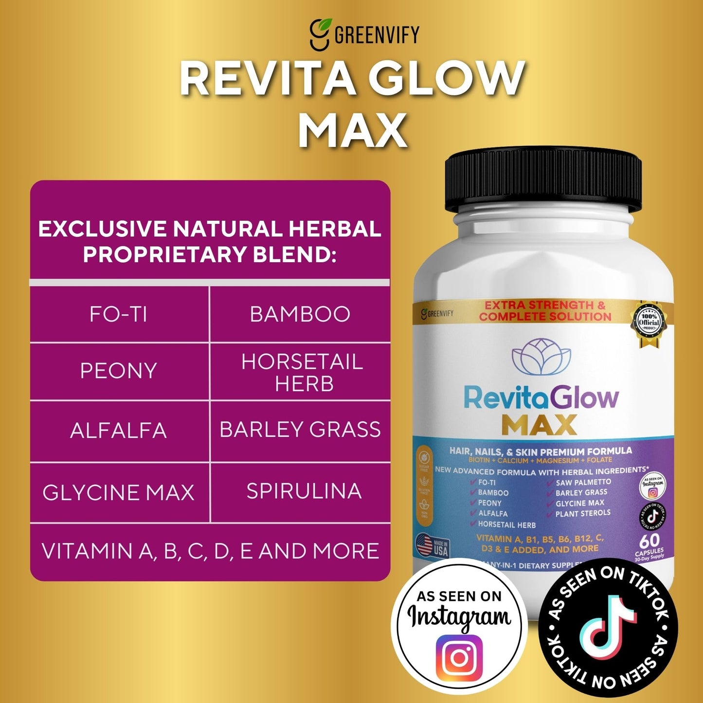 GREENVIFY RevitaGlow Max Hair, Nails & Skin Premium Formula 60 Capsules