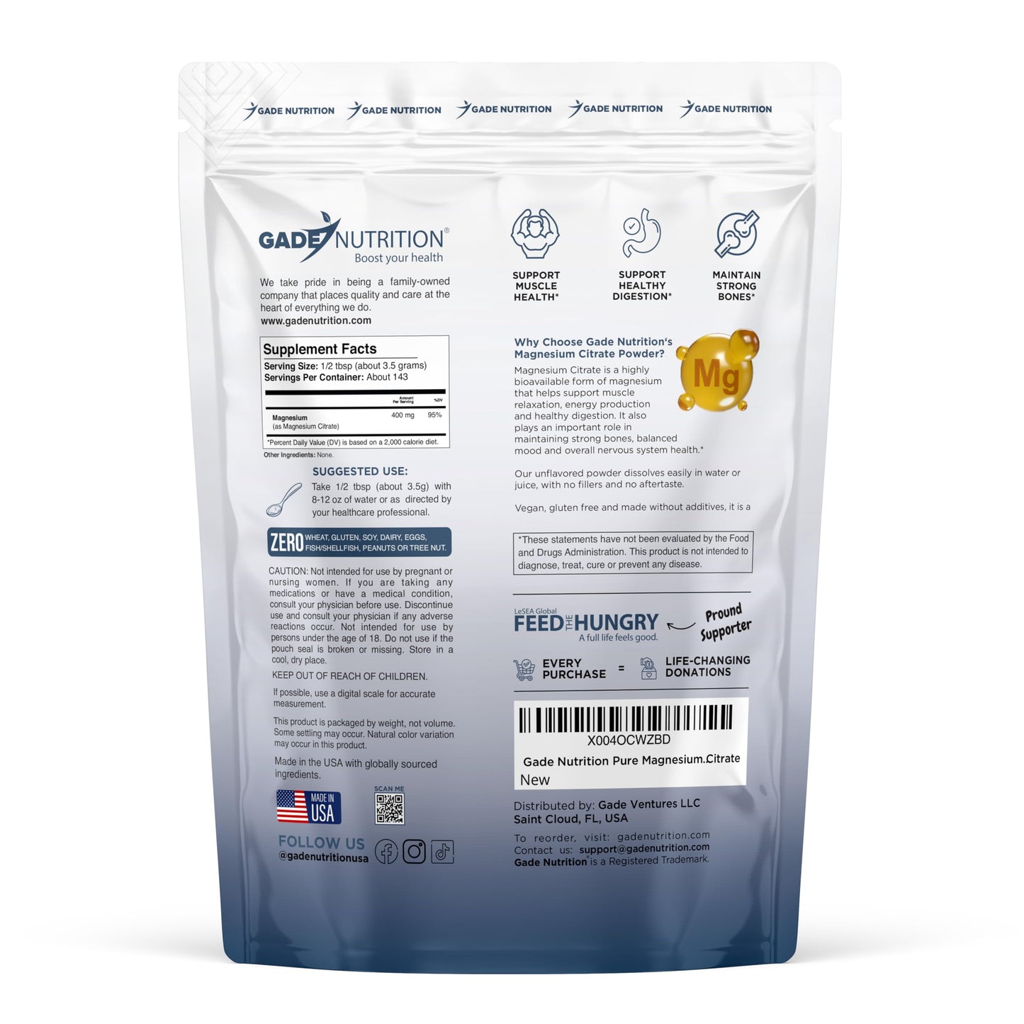 GADE NUTRITION Pure Magnesium Citrate Powder, 17.6 oz