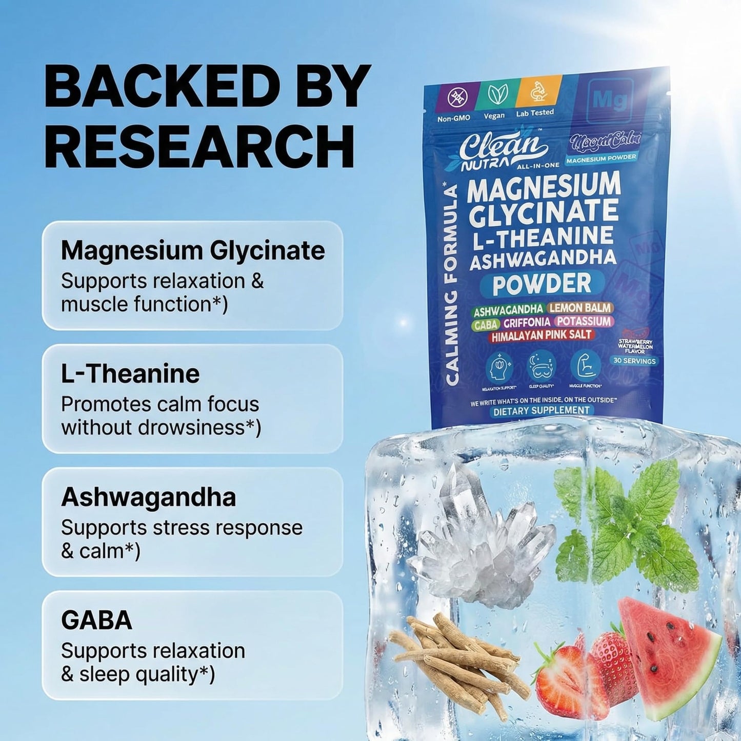Clean Nutraceuticals Magnesium Glycinate Powder Supplement + L-Theanine, Ashwagandha, Glycine, Apigenin, Lemon Balm, GABA, 5-HTP, Pink Salt, Potassium, L-Tryptophan, Calcium 6.7 Ounce