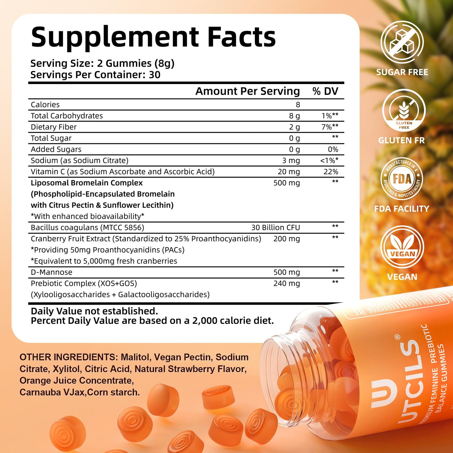 Utcils Liposomal Premium Feminine Balance Probiotic Gummies with Bromelain & Cranberry PACs - Triple-Targeted pH Balance Support, 60 Count
