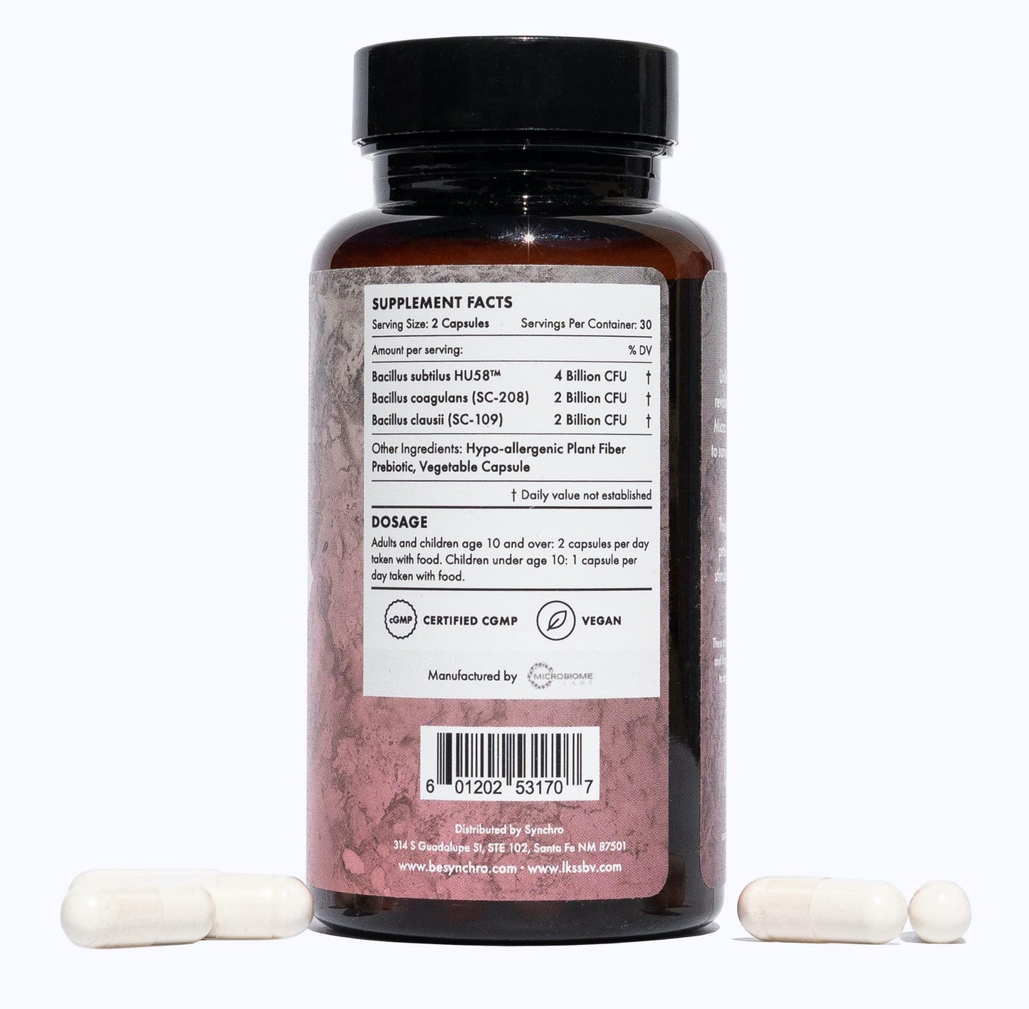 Synchro Micro•Bios Medical-Grade Spore-Form Probiotic - Bacillus Subtilus (HU58), Coagulans and Clausii - Immune Health + GI Support, 60 Capsules
