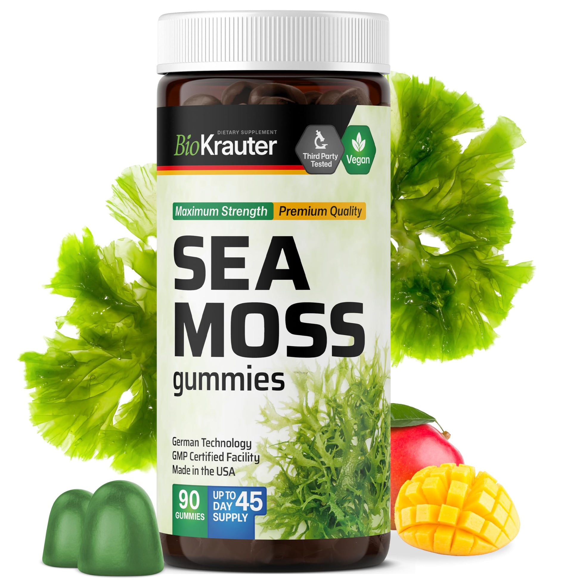 BIO KRAUTER 3-in-1 Sea Moss for Thyroid Support - Vegan Sea Moss Gummies with Bladderwrack & Burdock Root, 90 Gummies