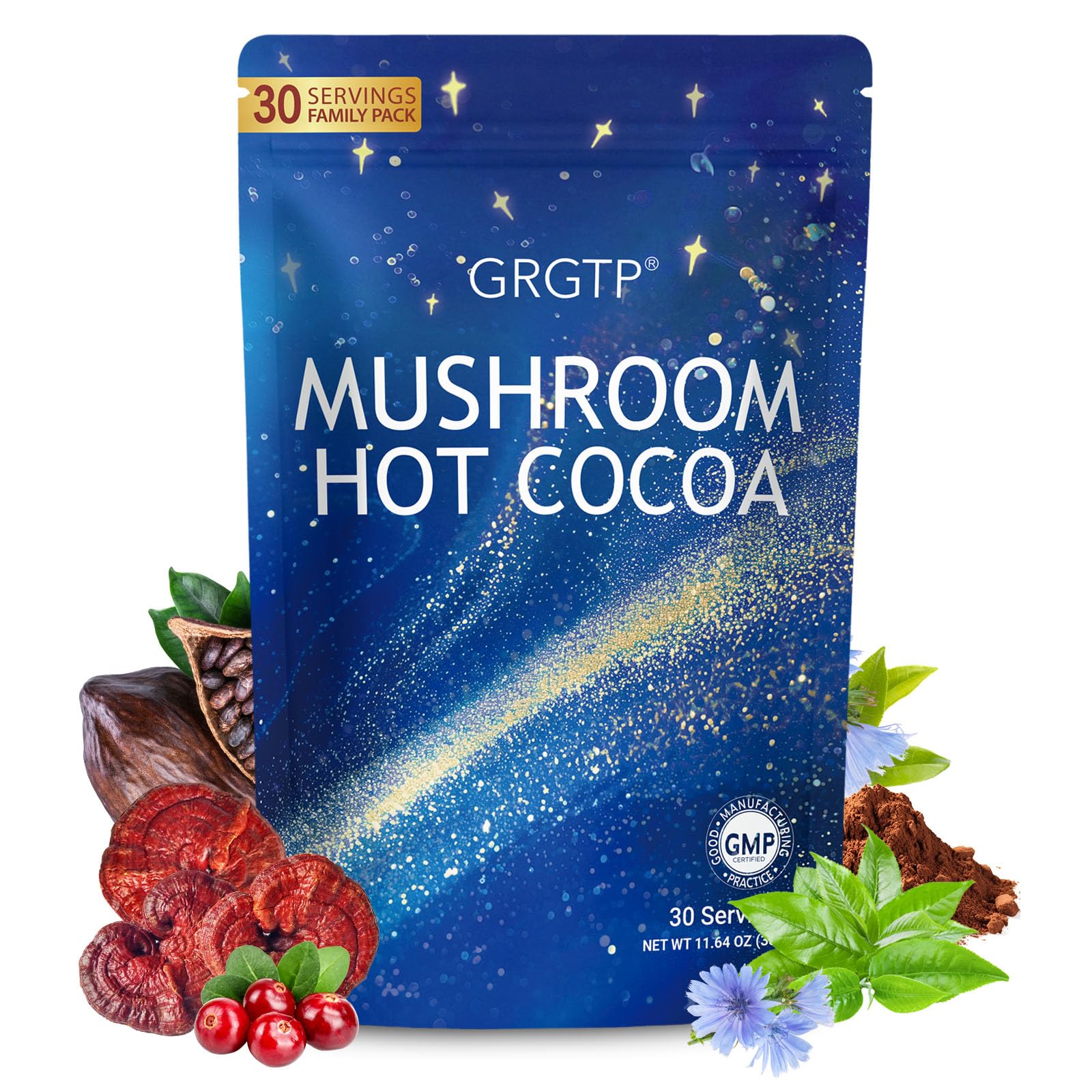 GRGTP Mushroom Hot Cocoa Reishi & L-Theanine Adaptogenic Hot Chocolate Mix with Melatonin & Glycine for Sleep Support, Stress Relief, and Relaxation Powder, 11.64 Ounce
