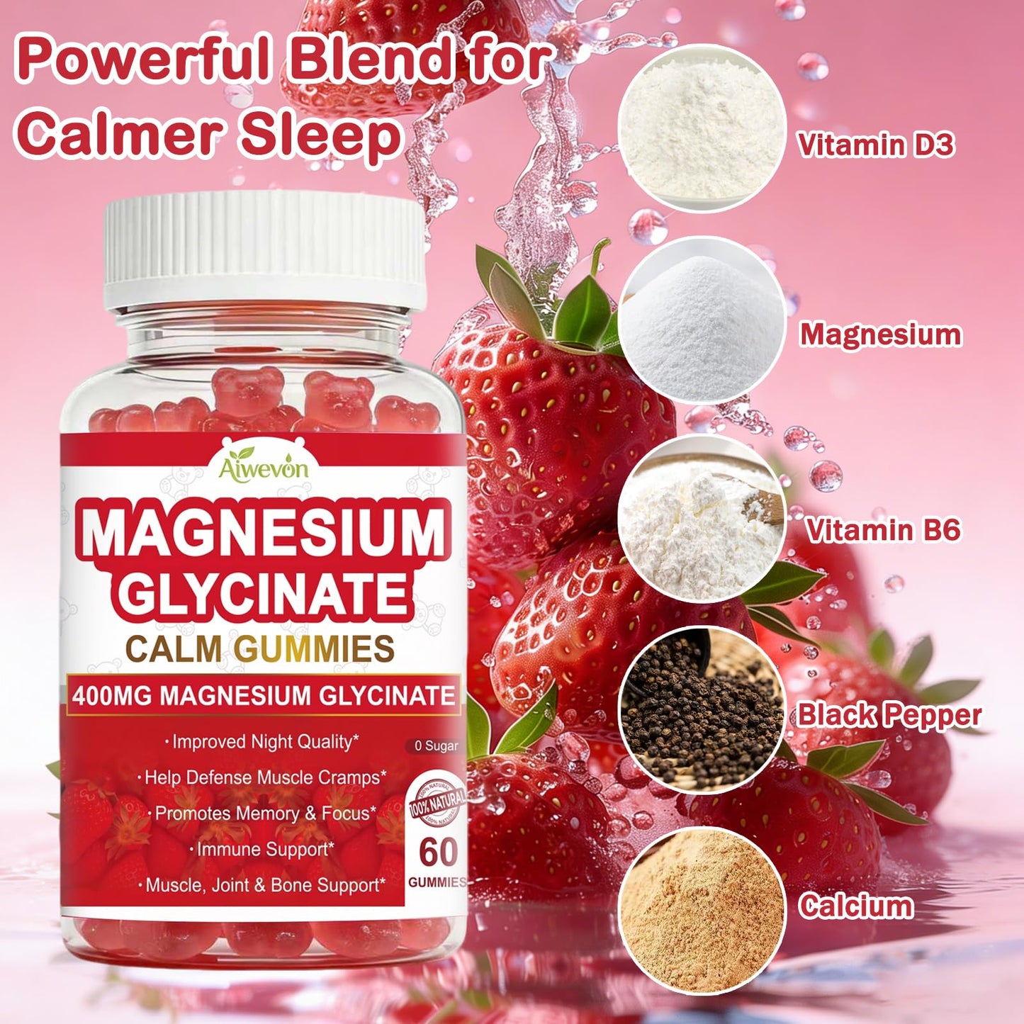 Aiwevon Magnesium Glycinate Gummies 400mg, 60 Count
