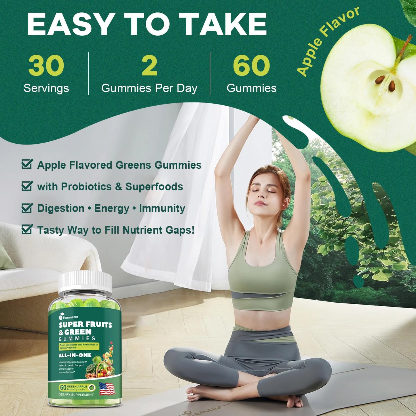 Femmetra 61-in-1 Supergreens Daily Gummies for Women and Men, Multivitamin Superfood Gummies with Probiotics for Metabolic, Energy, and Digestive Health, Sugar Free, Green Apple Flavor, 60 Count