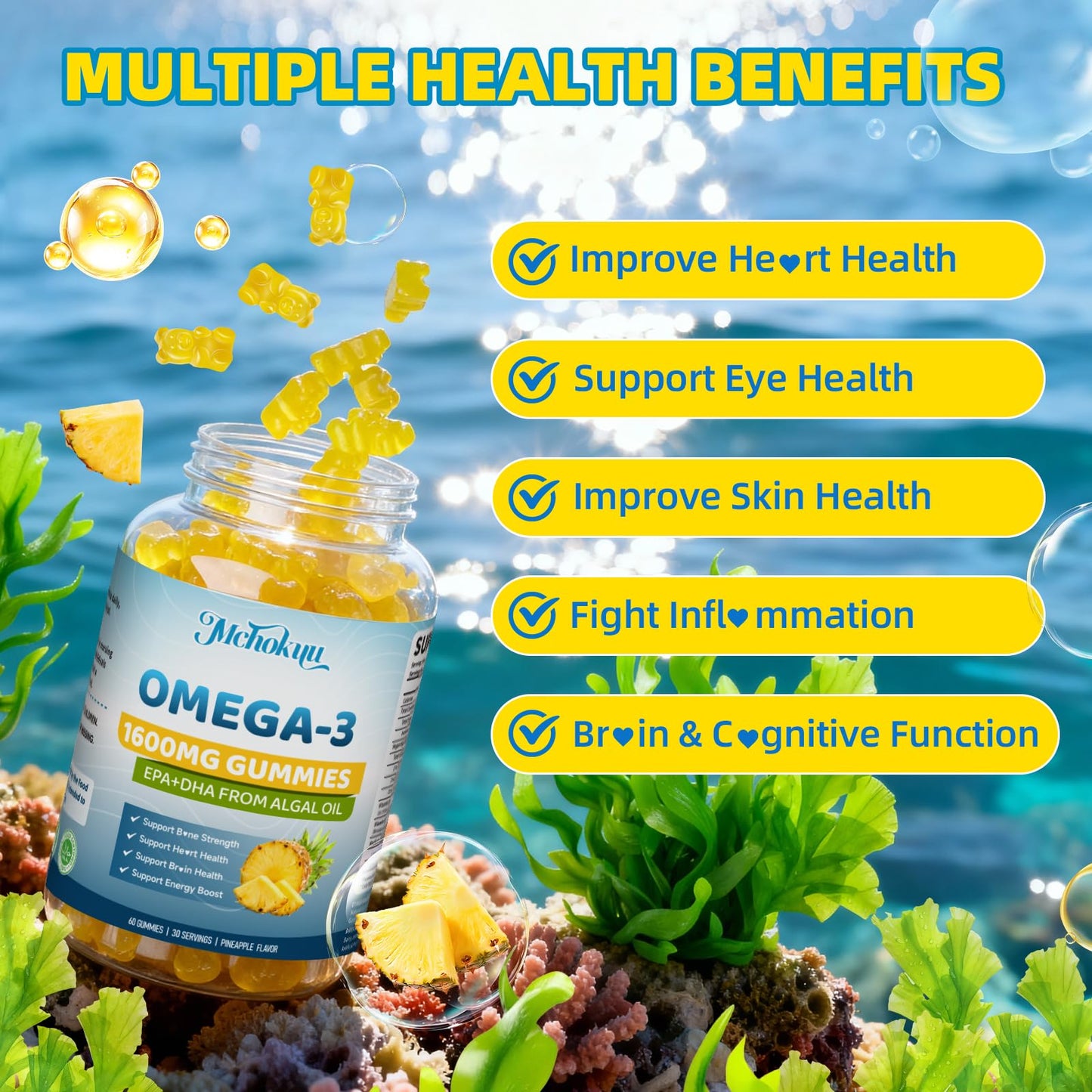 Mchokuu Vegan Omega-3 Gummies 1600mg EPA & DHA from Algal Oil, 120 Count