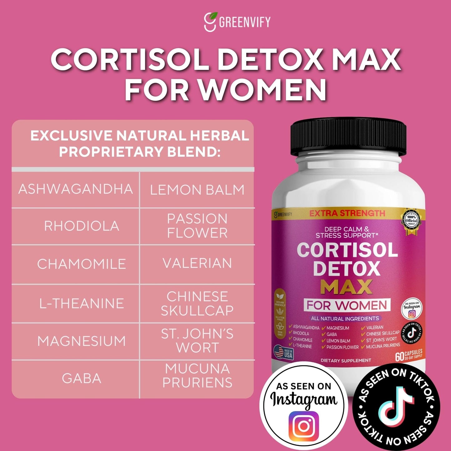 GREENVIFY Cortisol Detox Max for Women Extra Strength Stress Support 60 Capsules