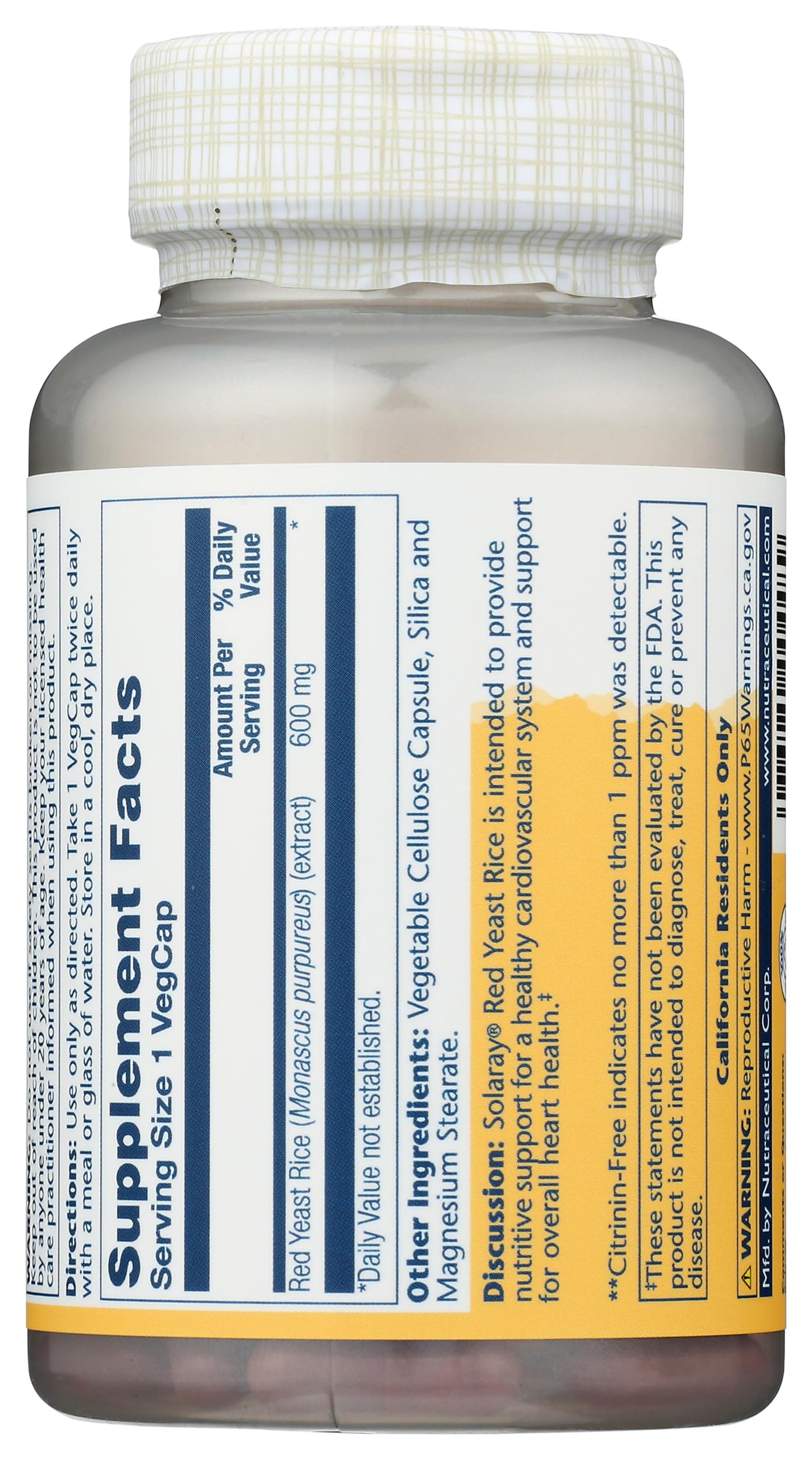 Solaray Red Yeast Rice 600mg VegCap 120 Count