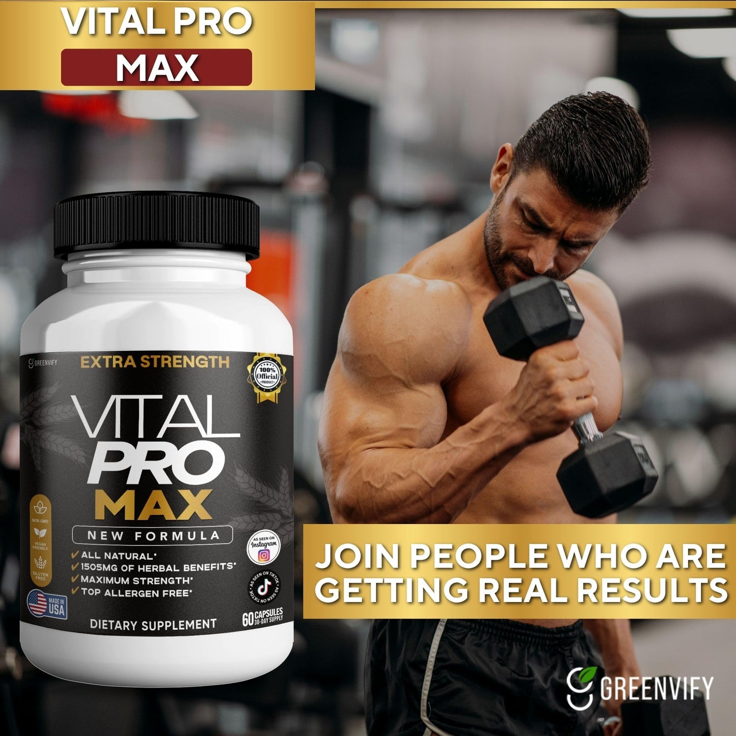 GREENVIFY Vital Pro Max Maca Root Dietary Supplement Capsules, 60 Count