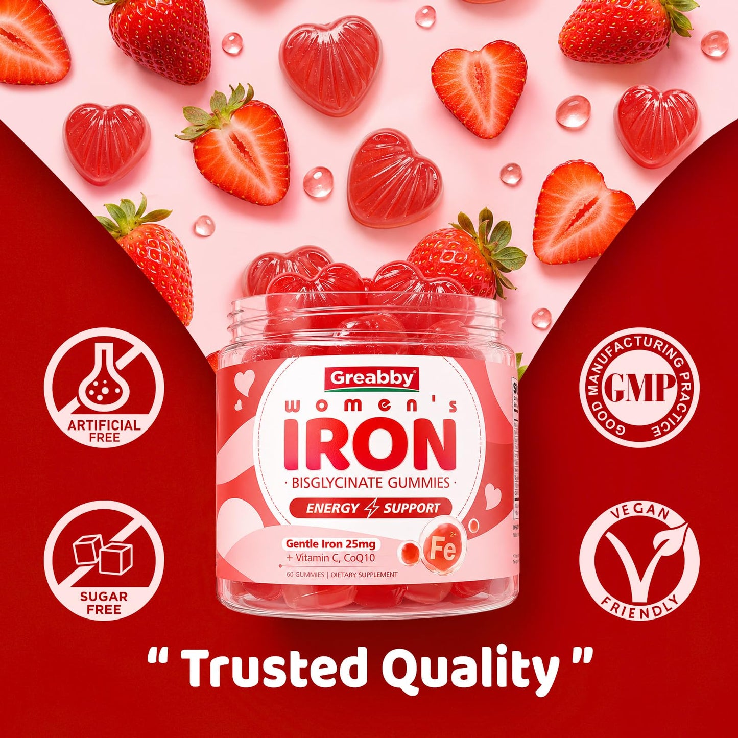 GREABBY Iron Bisglycinate with Vitamin C for Women, Ferrous Bisglycinate Gummies, 60 Count