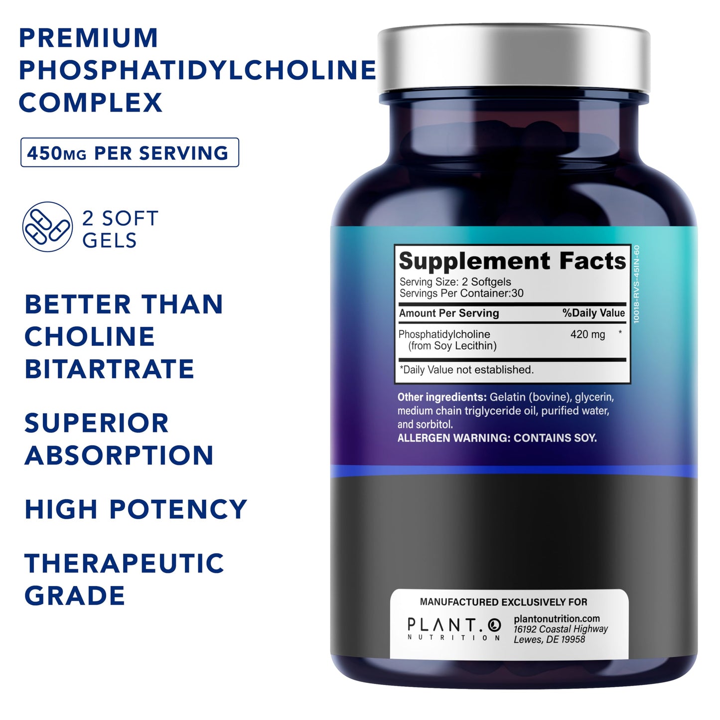PLANT.O NUTRITION Choline Phosphatidyl Supplement Softgels 60