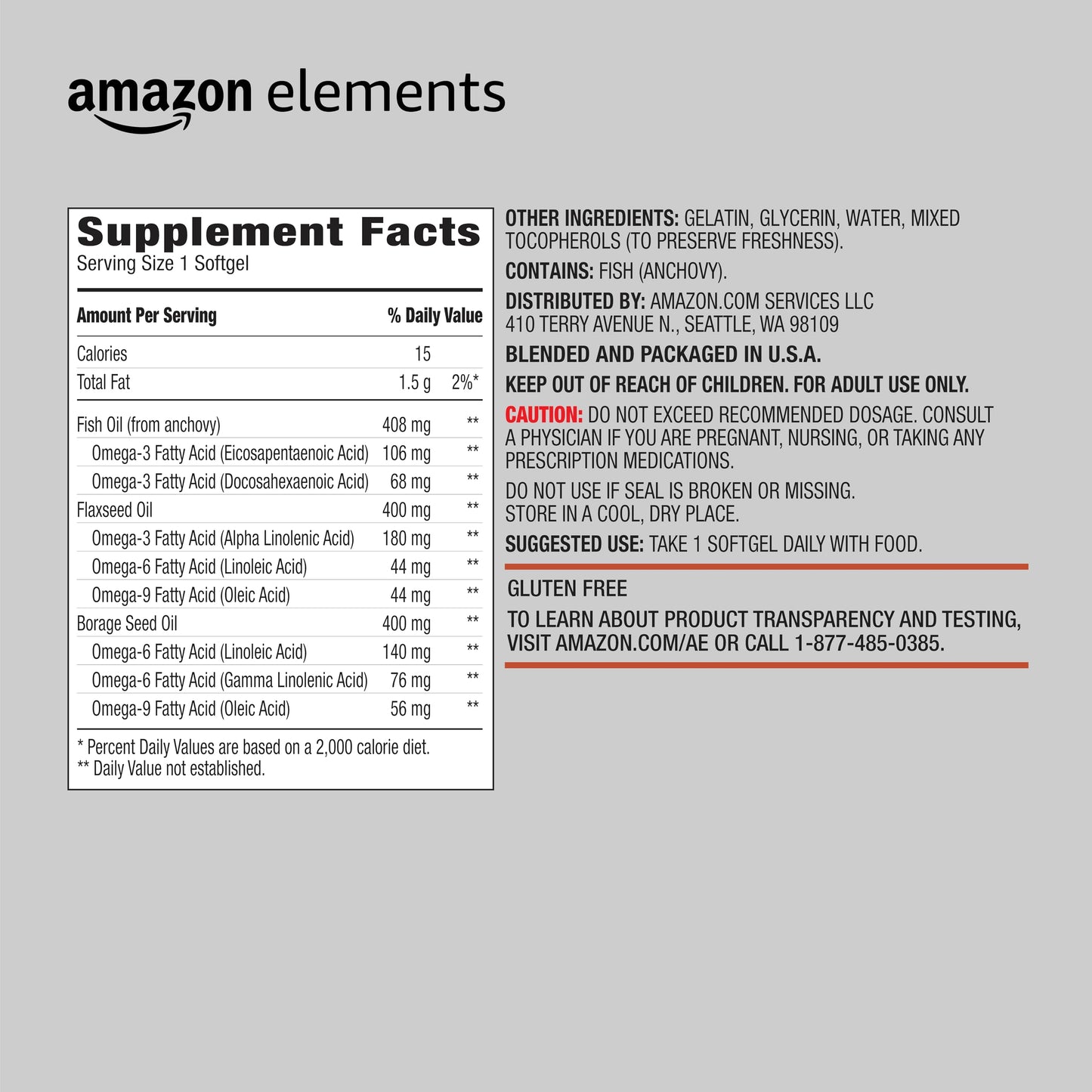 Amazon Elements Revly Omega 3-6-9 Complex of Fish, Flaxseed and Borage Oil - EPA & DHA Omega-3 Fatty Acids, 60 Softgels