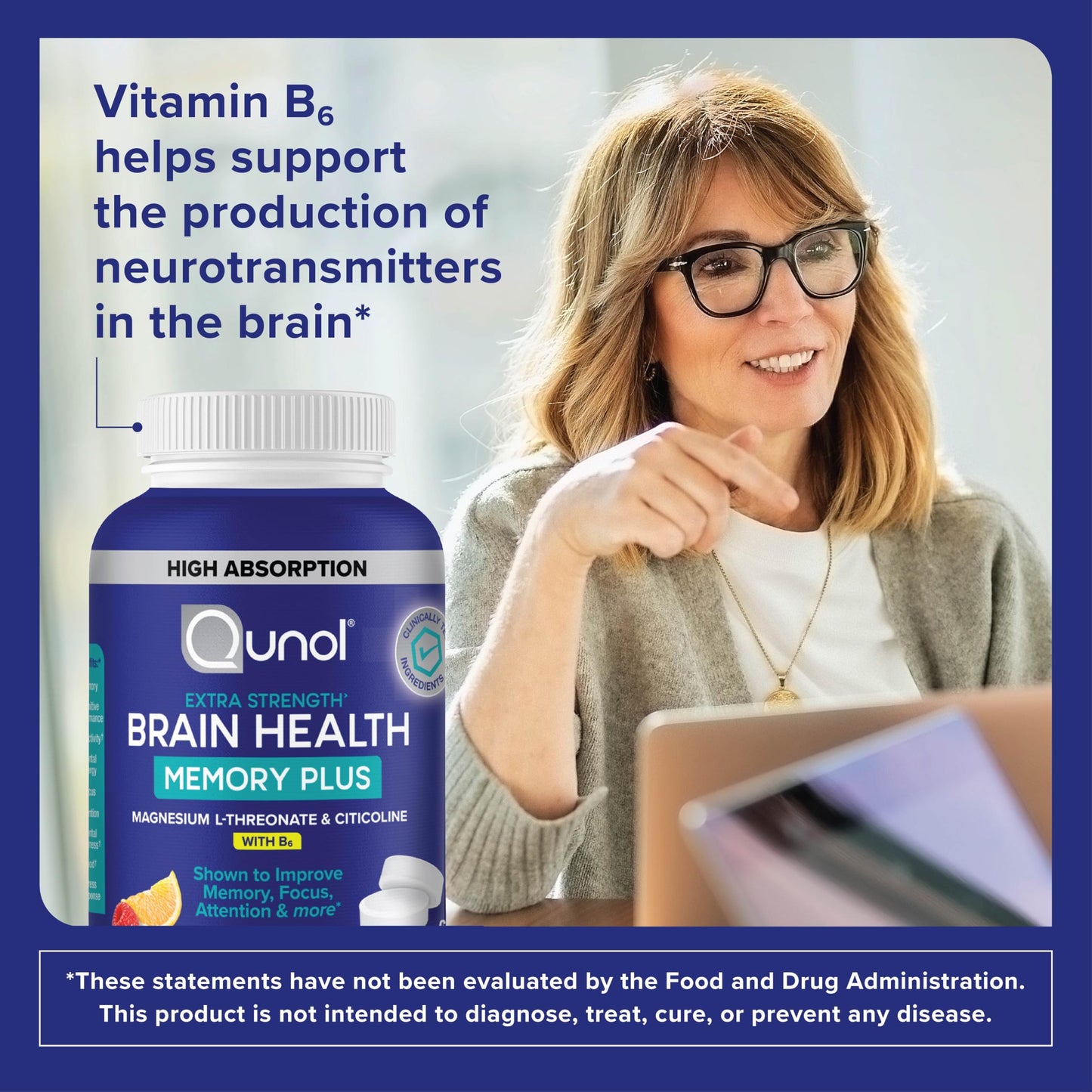 Qunol Brain Health Memory Plus Chewable Tablet with B6, Magnesium L-Threonate & Citicoline, 60 Tablets