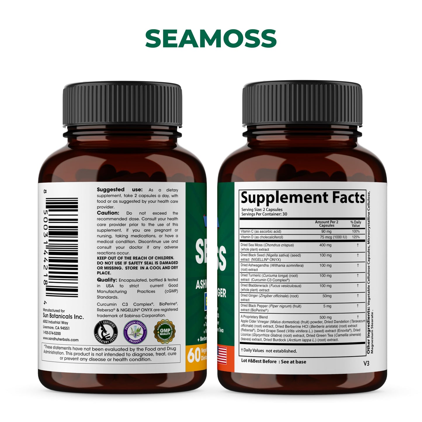 SANDHUHERBALS Shilajit Sea Moss Ashwagandha Black Seed Oil Turmeric Capsule, 120 Count