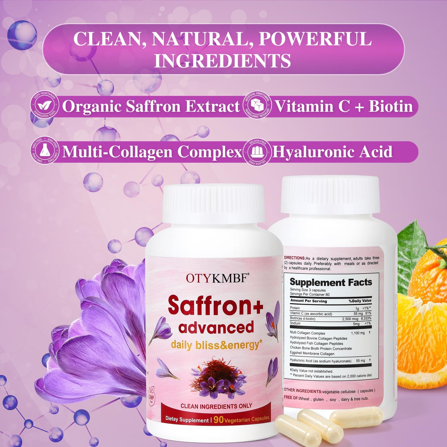 OTYKMBF Saffron+ Advanced Capsules – Pure Organic Saffron Supplement with Collagen, Biotin & Vitamin C – Mood, Focus & Stress Support, 90 Capsules
