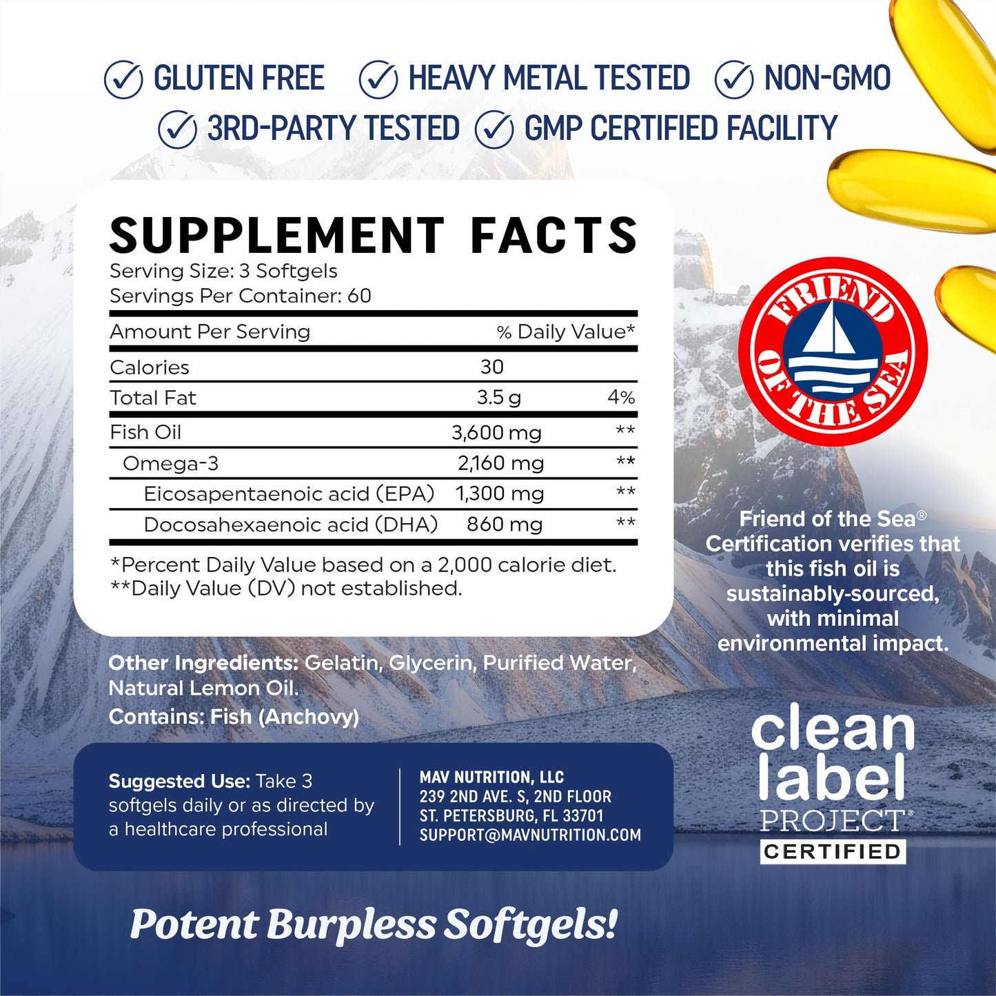 MAV NUTRITION Triple Strength Omega-3 Fish Oil Softgels 180 Count