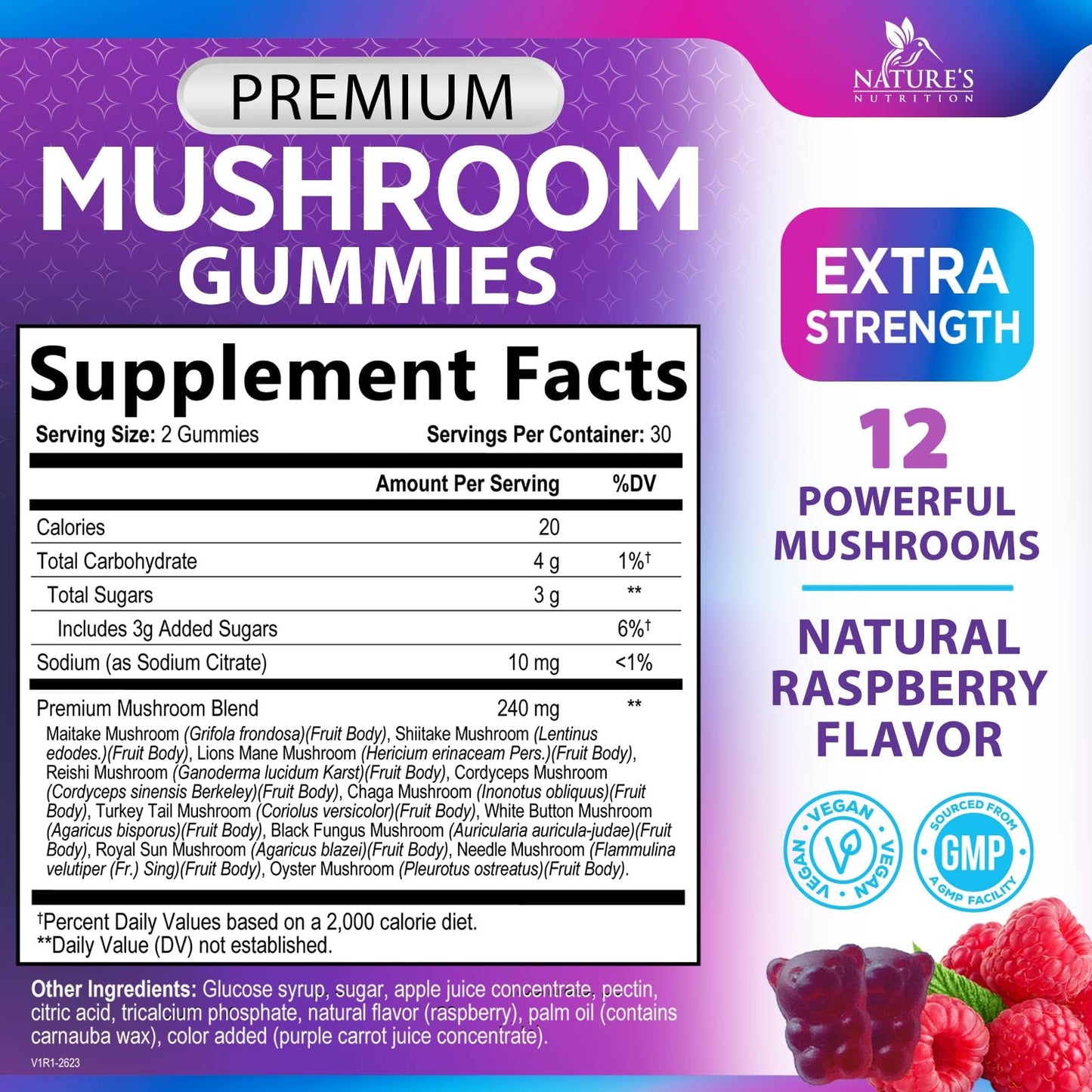 Nature's Nutrition Mushroom Gummies 12 in 1 Complex - Lions Mane, Reishi, Cordyceps & Chaga, Memory & Immune Support, Nootropic Brain Supplements, 60 Count