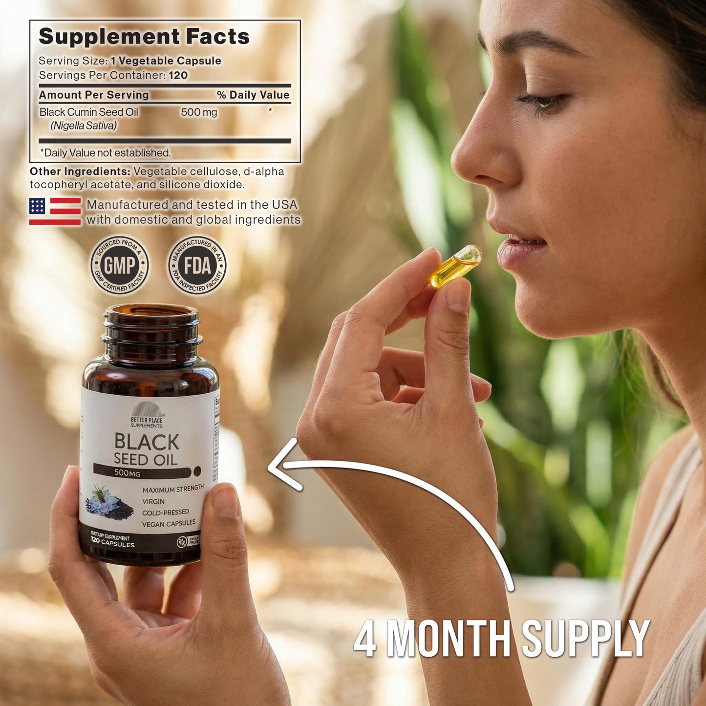 Better Place Organics Black Seed Oil Capsules 500mg per Capsule, 120 Capsules