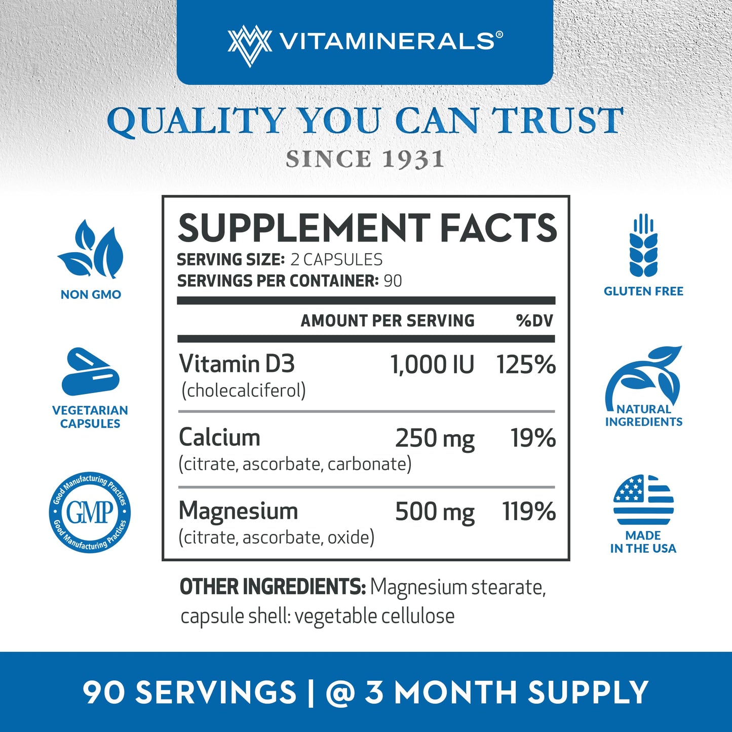 Vitaminerals 10 Magnese Magnesium, Calcium & Vitamin D3 Bone & Muscle Support 180 Capsules