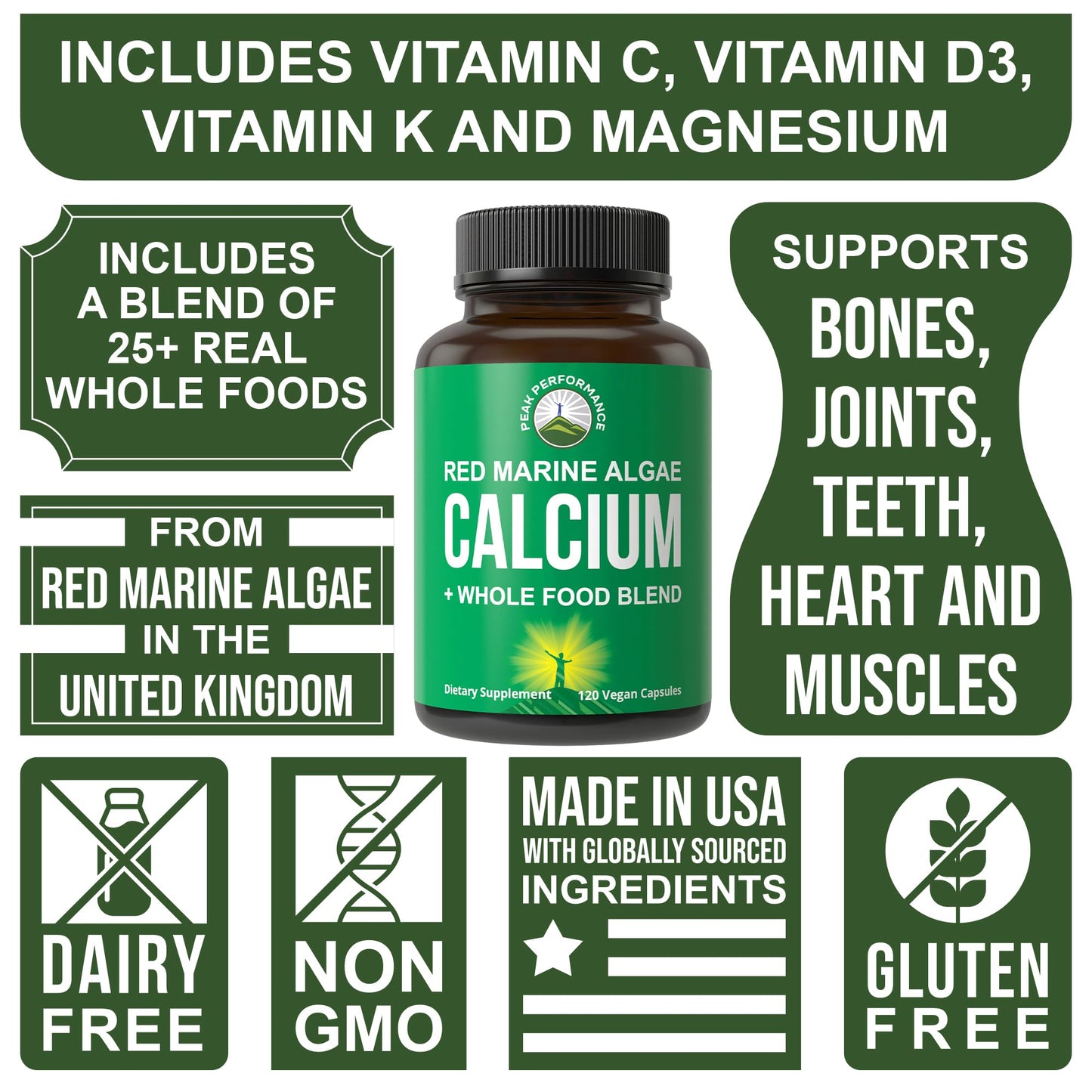 Peak Performance Plant Based Calcium - Red Marine Algae Calcium Supplement with Vitamin C, D3, K, Magnesium, and Whole Food Vegetable Blend, Capsules, 120 Count