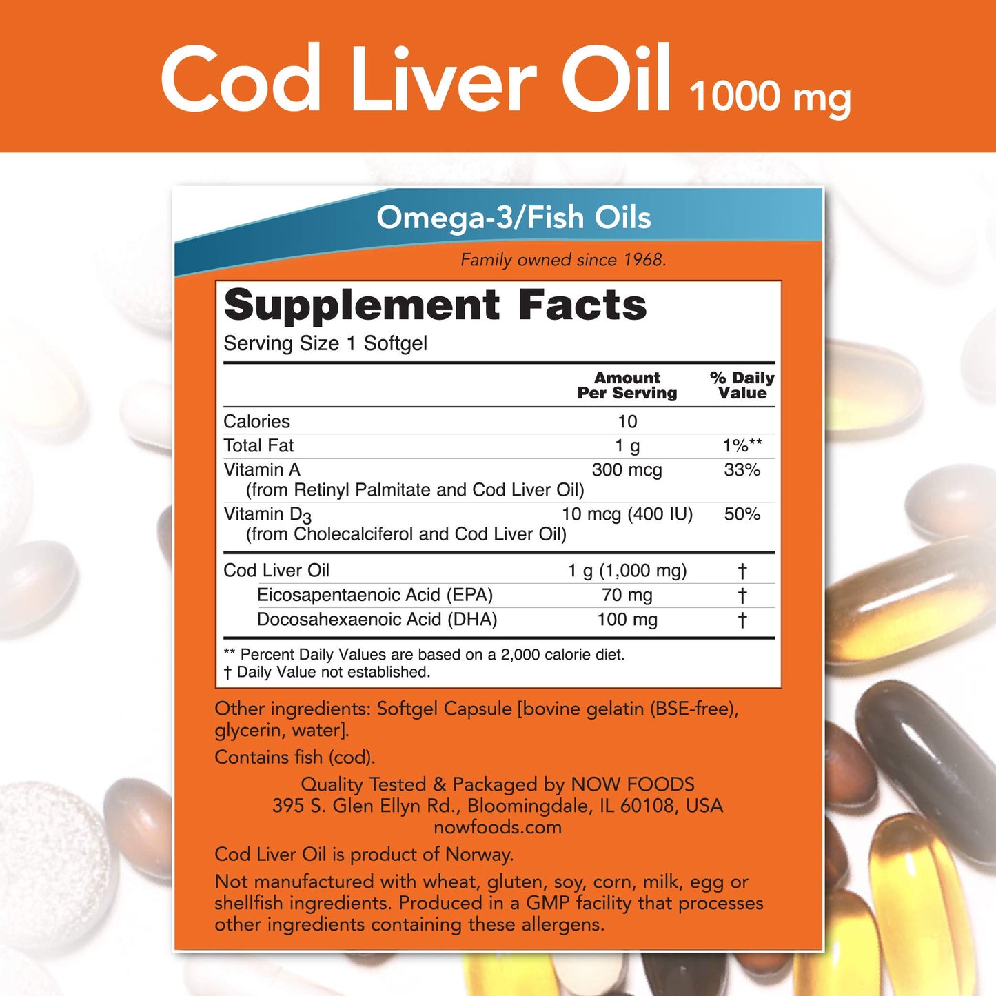 NOW Foods Cod Liver Oil Softgels 1000 mg, 180 Softgels