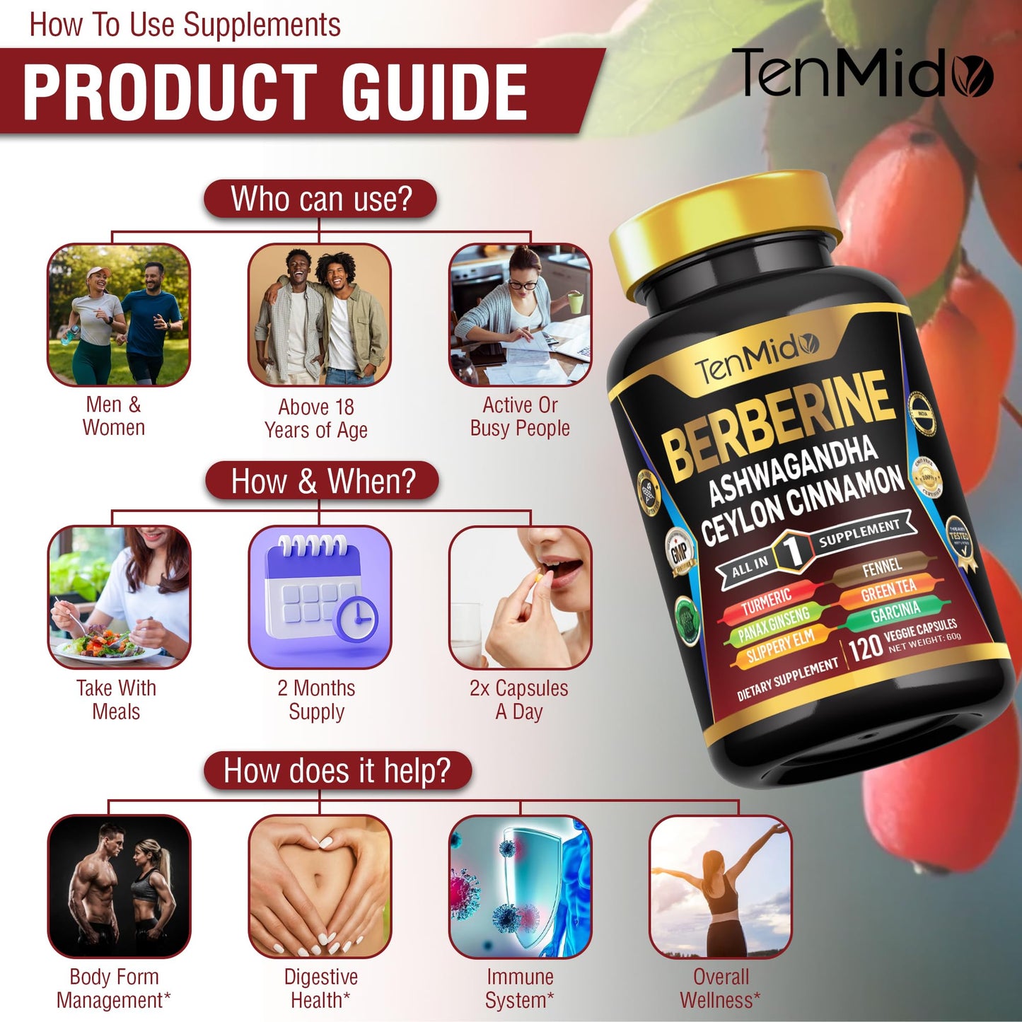 Tenmido Berberine Supplement Capsule, 120 Count