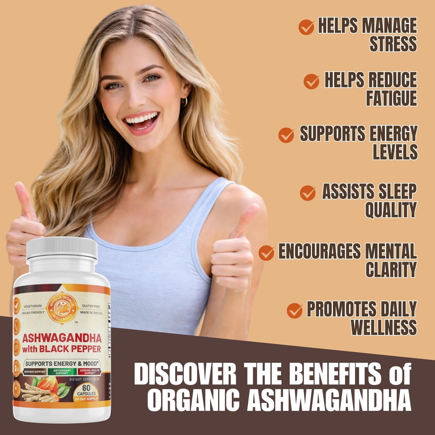 WHOLE WORLD WELLNESS Organic Ashwagandha with Black Pepper 60 Capsules