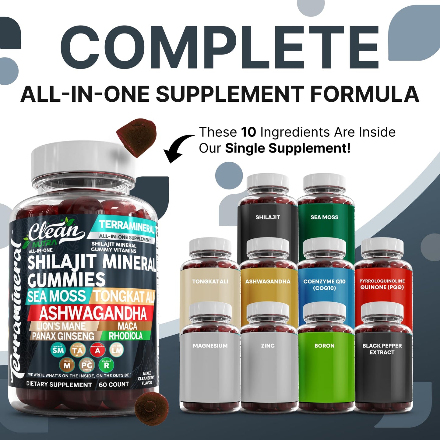 Clean Nutraceuticals Terramineral Shilajit Gummies with Irish Sea Moss Tongkat Ali Ashwagandha Lion's Mane MACA Panax Ginseng Rhodiola & Cordyceps, 60 Gummies