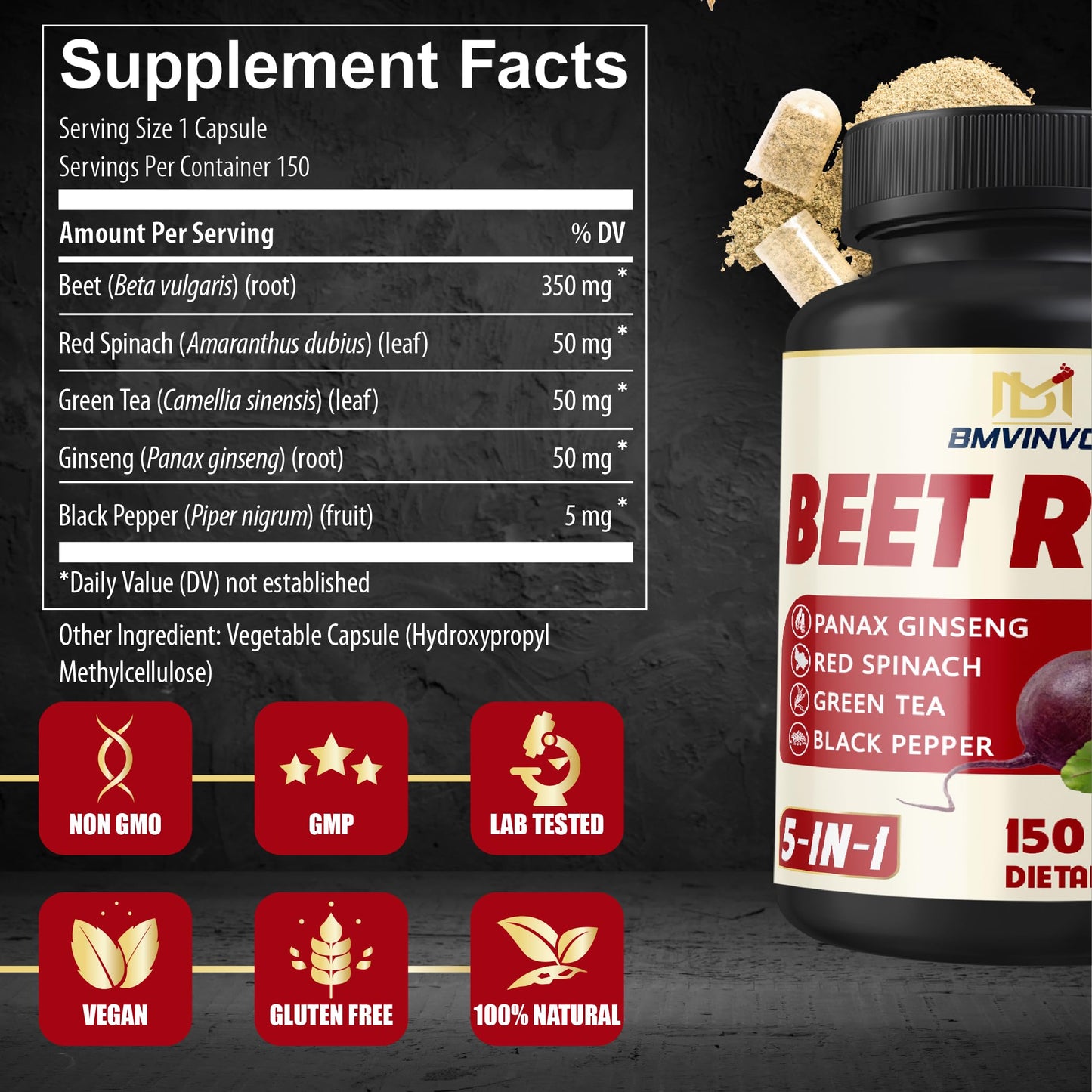 BMVINVOL Beet Root, Green Tea, Red Spinach, Ginseng, Black Pepper Capsules 150
