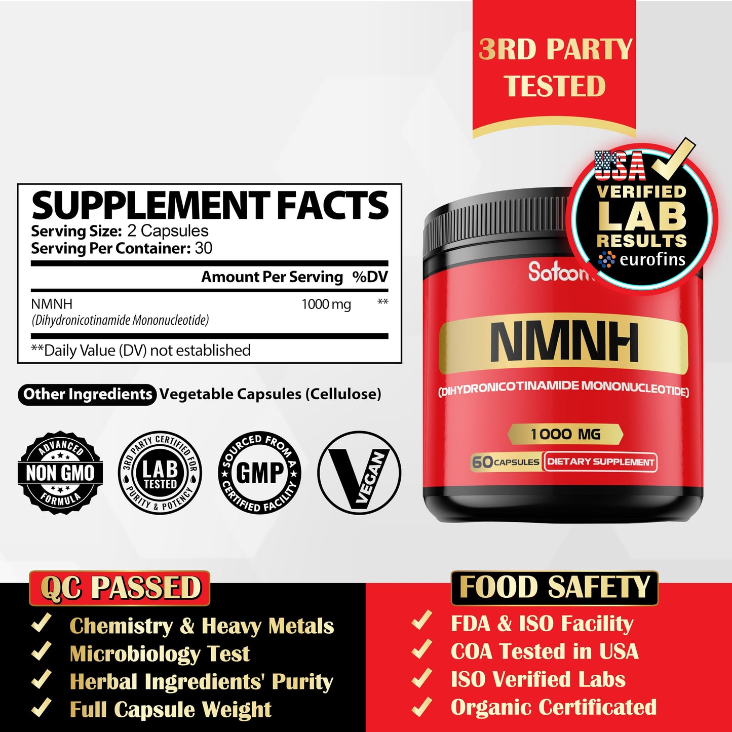 Satoomi NMNH (Dihydronicotinamide Mononucleotide) NMN Supplement Alternative - 1000mg per Serving NAD Support, 60 Capsules
