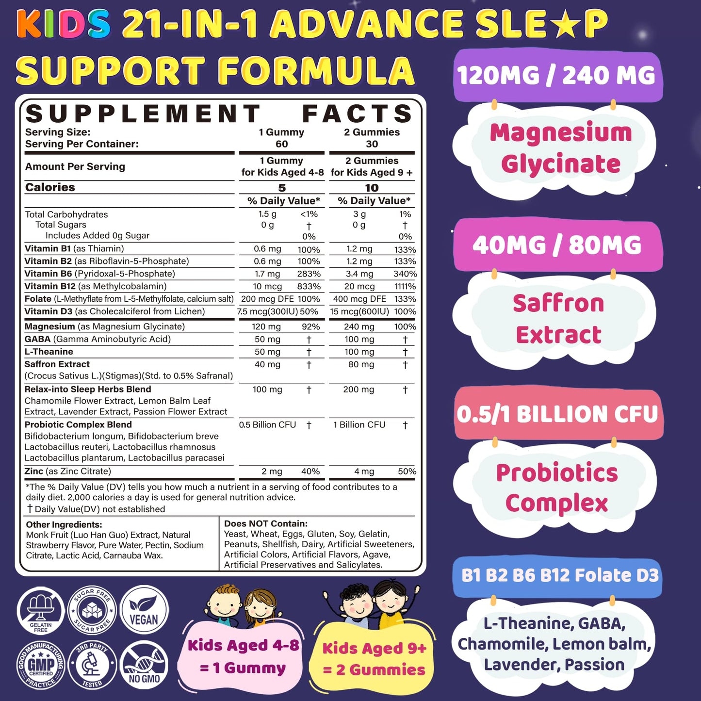 EnvyCure Kids Sleep Gummies No Melatonin - Magnesium Glycinate for Kids & Teens with Saffron, L-Theanine, GABA, Chamomile, Lavender, Probiotics, Methylated B6 B12 Folate D3 for Relaxed Mood & Sleep, 120 Gummies