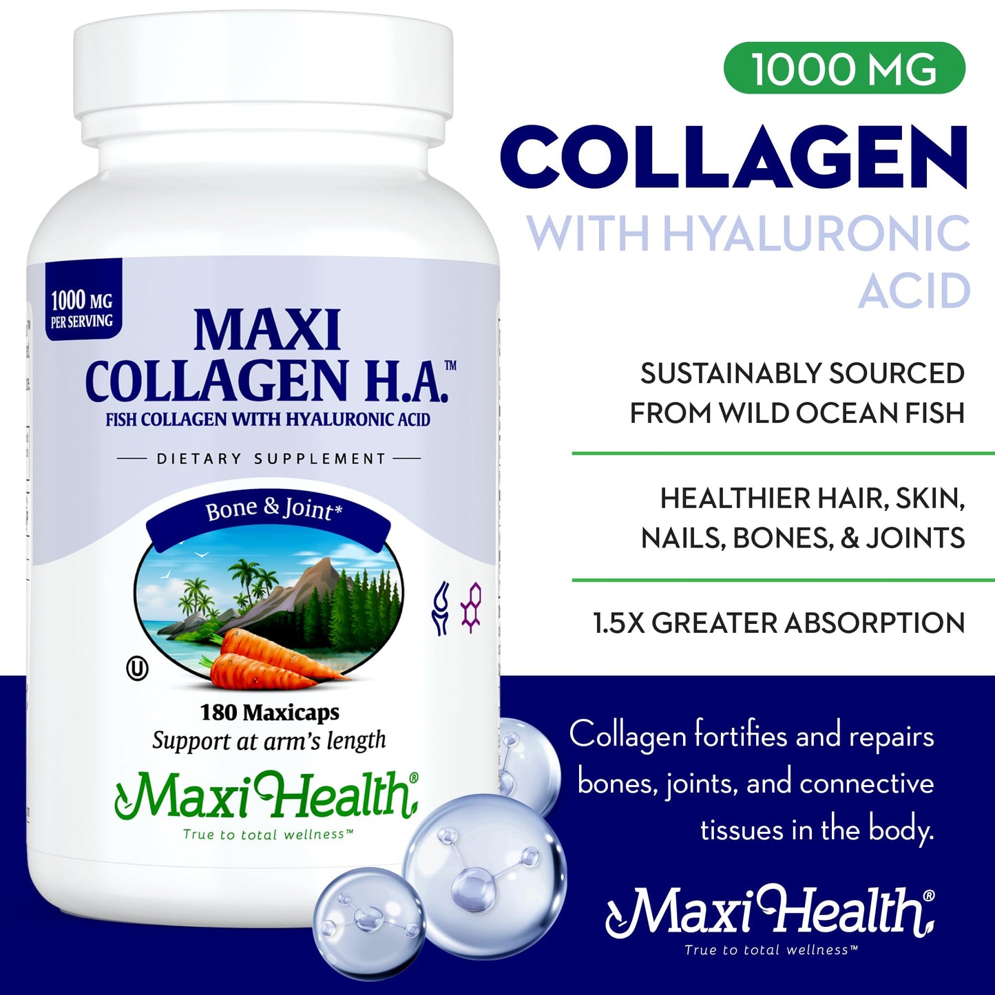 Maxi Health Marine Collagen Capsules, 1000 mg Type I Collagen with Hyaluronic Acid, Unflavored, Kosher, 180 Capsules