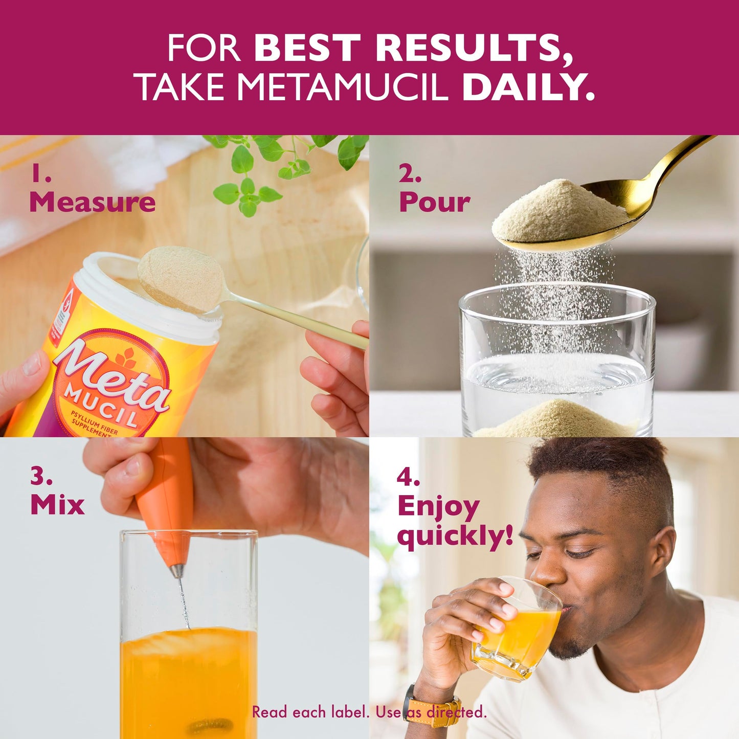 Metamucil 4-in-1 Psyllium Husk GLP-1 Friendly Fiber Supplement, Sugar-Free Orange Flavored Daily Fiber Powder for Digestive Health, 15 Ounce