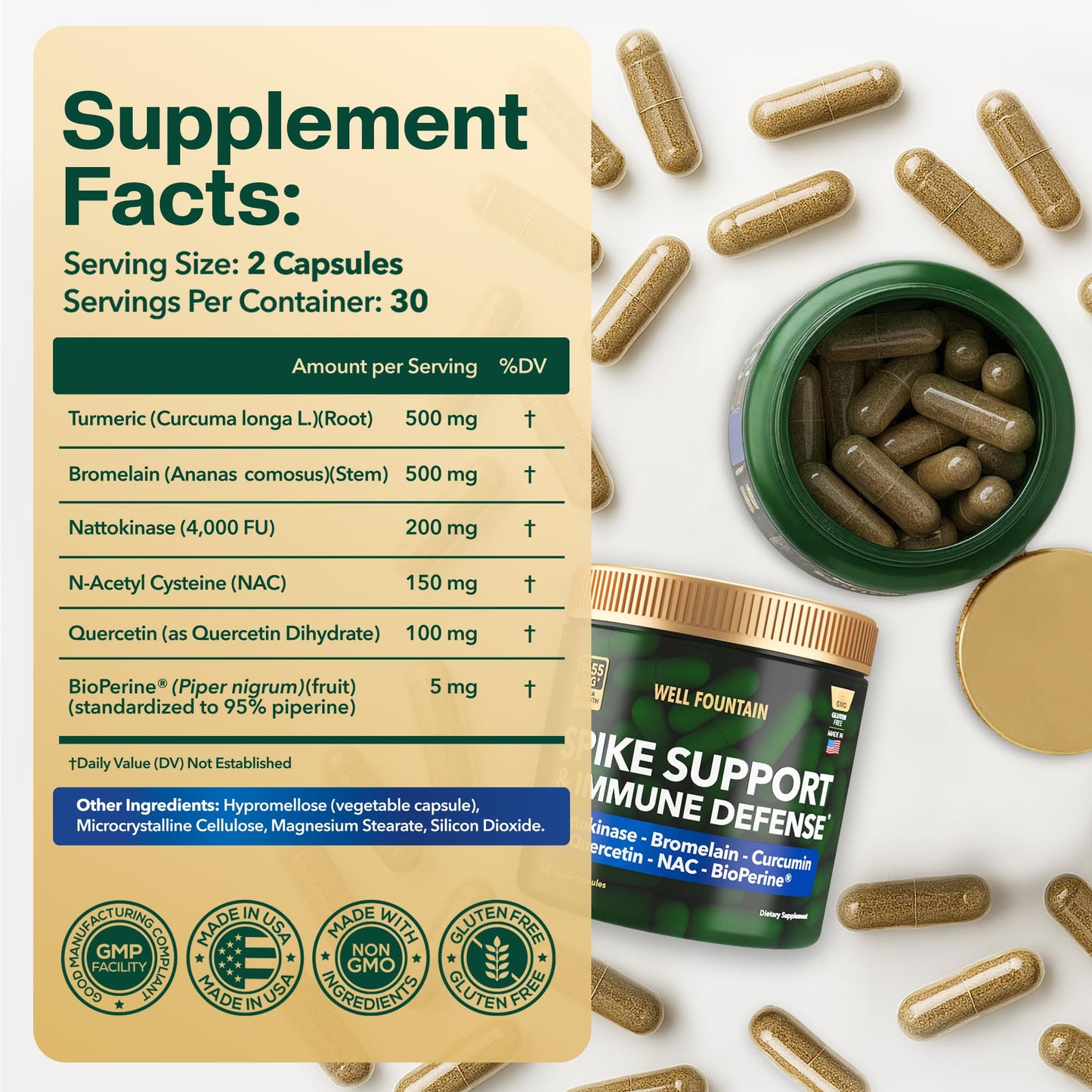 WELL FOUNTAIN Spike Support 6-in-1 Nattokinase 4000 FU, Bromelain 500mg, Curcumin 500mg, NAC 150mg, Quercetin 100mg & BioPerine 5mg Capsules, 60 Count