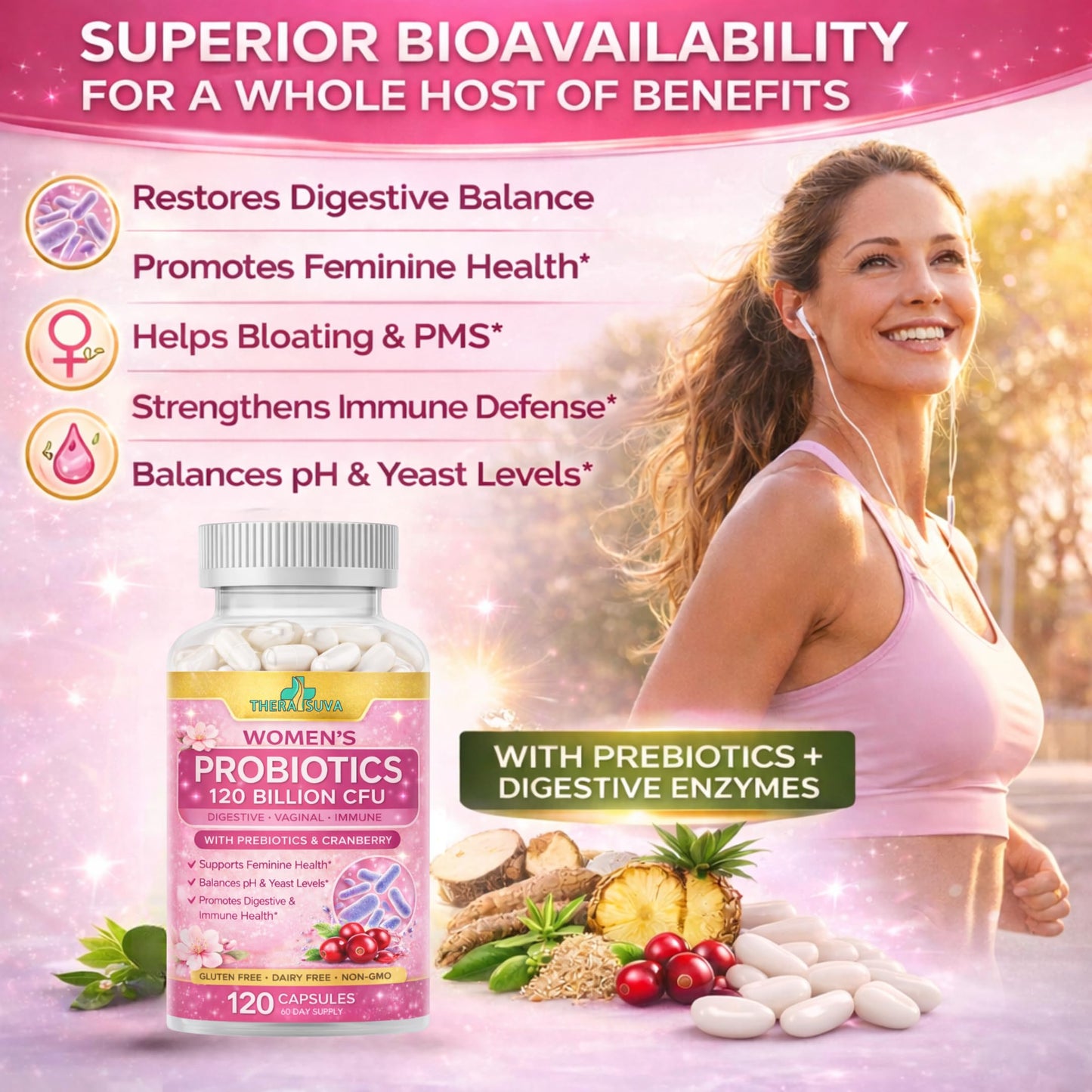 TheraSuva Women’s Advanced Probiotics 120 Billion CFU (36 Strains) with Prebiotics, Enzymes & Cranberry - for Gut, Immune & Feminine Health Support - 2 Month Supply, 120 Softgels