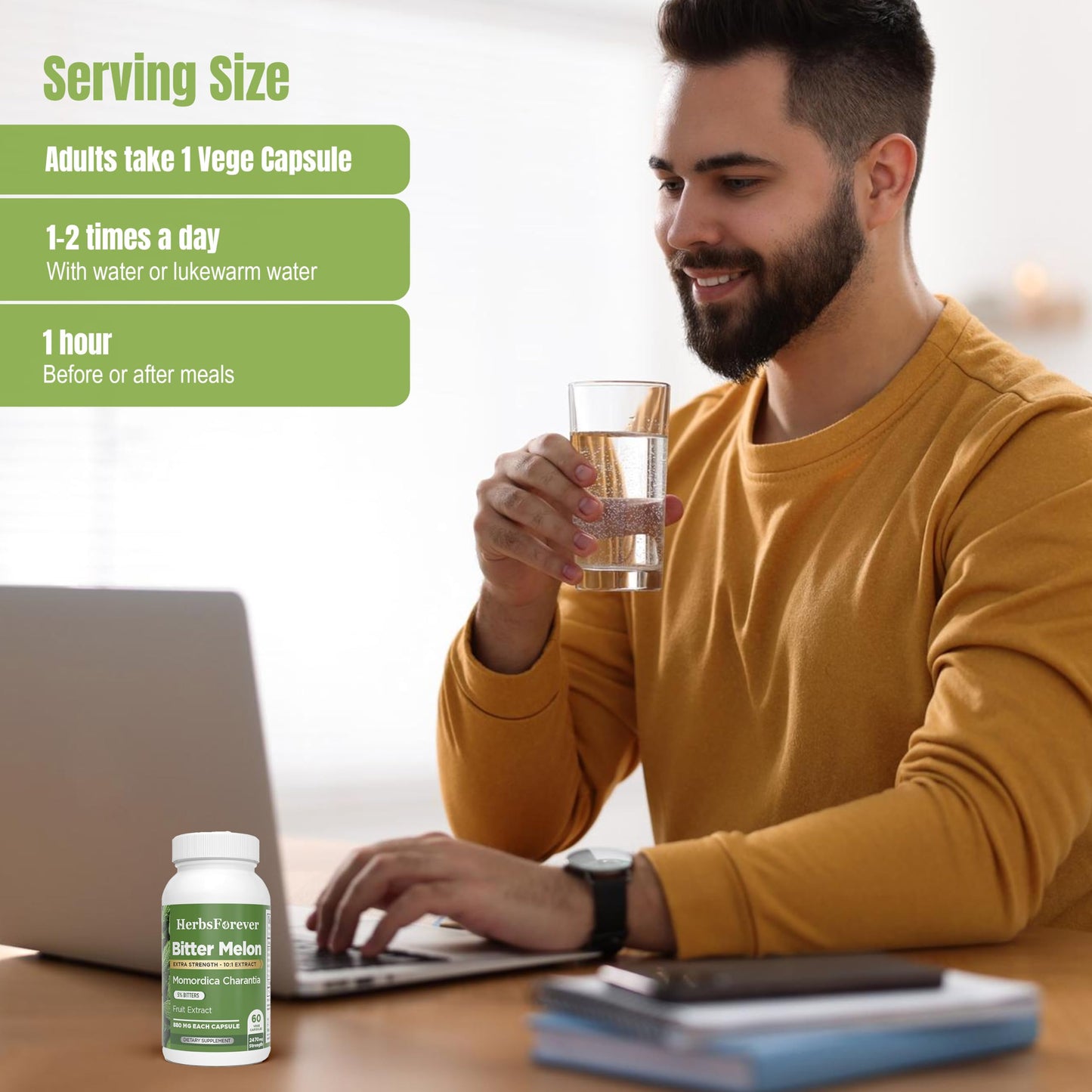 HerbsForever Bittermelon/Gourd Extra Strength 10:1 Extract, 4250 mg Fruit Powder Equivalent per Serving, 60 Capsules