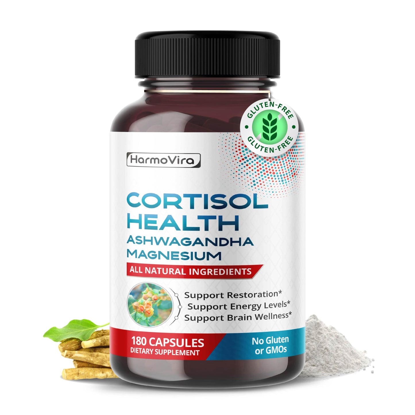 HarmoVira Cortisol Health Capsules with Ashwagandha, Magnesium, Rhodiola, St. John's Wort - Supports Restoration, Energy Levels, Brain Wellness, 180 Capsules