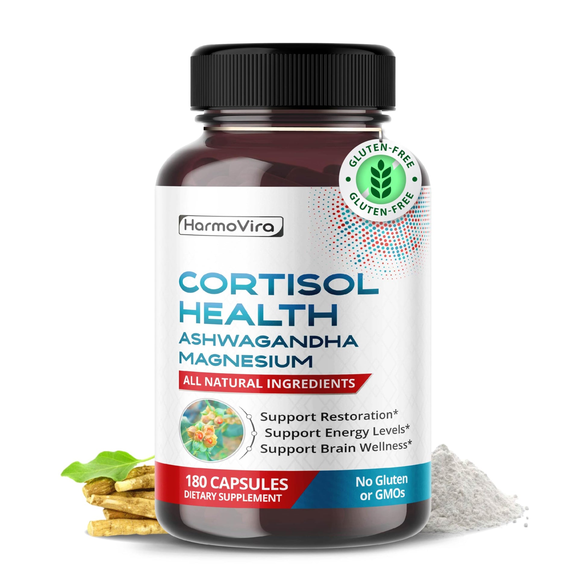HarmoVira Cortisol Health Capsules with Ashwagandha, Magnesium, Rhodiola, St. John's Wort - Supports Restoration, Energy Levels, Brain Wellness, 180 Capsules
